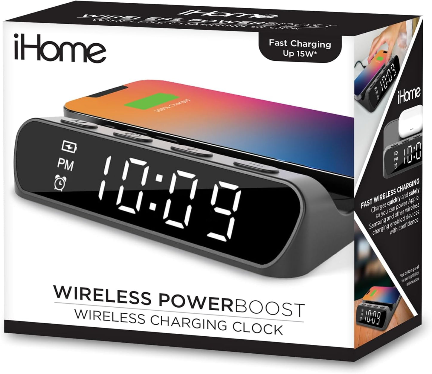 iHome Wireless Charger with Alarm Clock, Compact Digital Alarm Clock for Bedroom, Home Office, or Dorm (iW14)