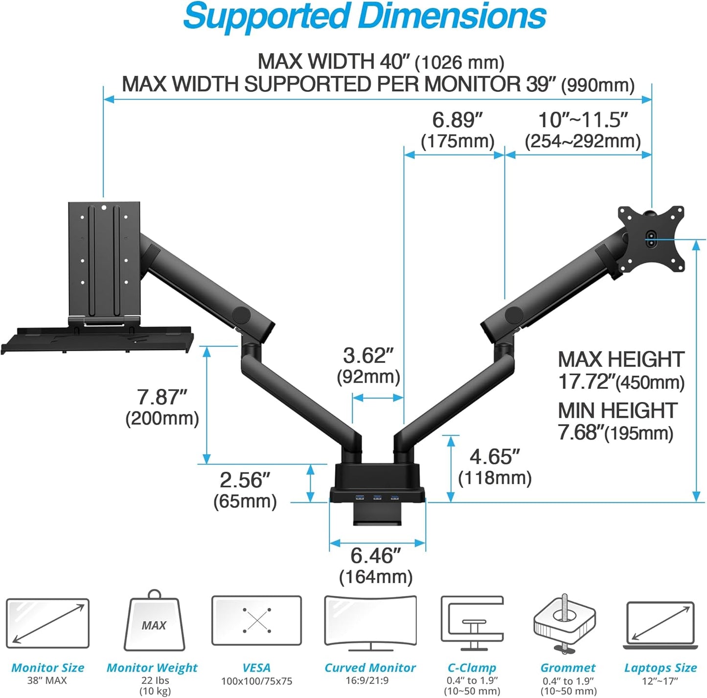 AVLT Dual 17”-38" Monitor Arm Desk Mount with 17" Laptop Tray and USB-C Docking Station, HDMI 4K60Hz, USB-A 5Gbps, Ethernet, 100W PD, Fits Two Flat/Curved Monitor - Black