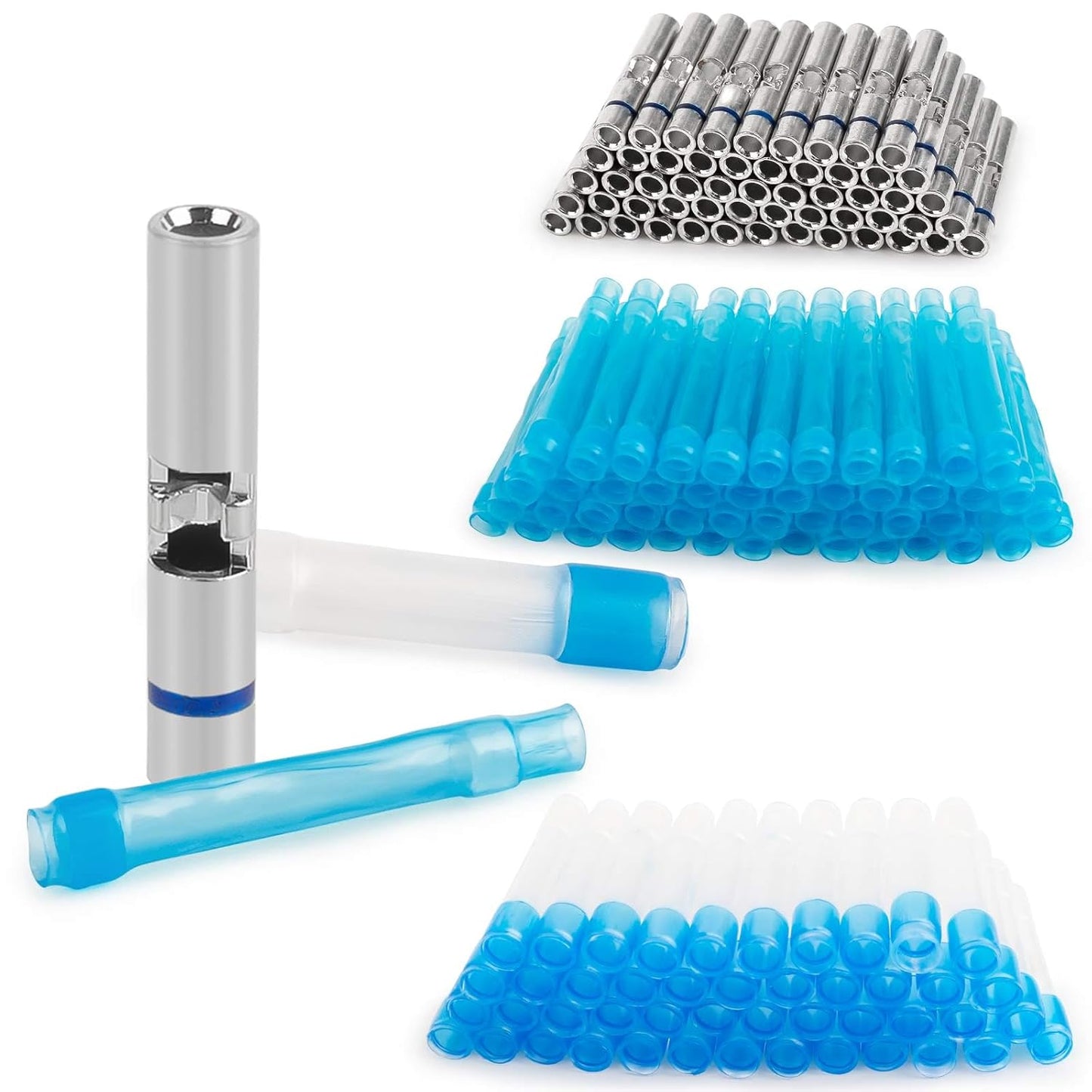 JRready ST6385-16-50 MiniSeal Crimp Splice 50Sets Blue Butt Splice Connectors 20-16 AWG (M81824/1-2) Wire-to-Wire Heat Shrink Butt Connector with Alternative Temp. PVDF/PE Tubes