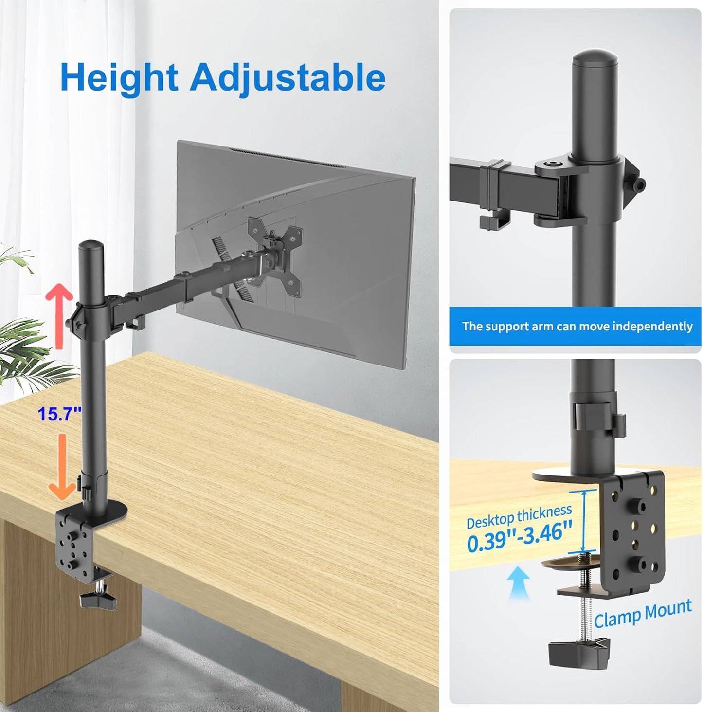 H&C(hcck&Cllassp) Single Monitor Mount, Desk Mount with Swivel, Tilt, Rotation, Height Adjustable, VESA Mount for 17-27” Monitors up to 17.6 lbs, Monitor Stand with C-Clamp, Black