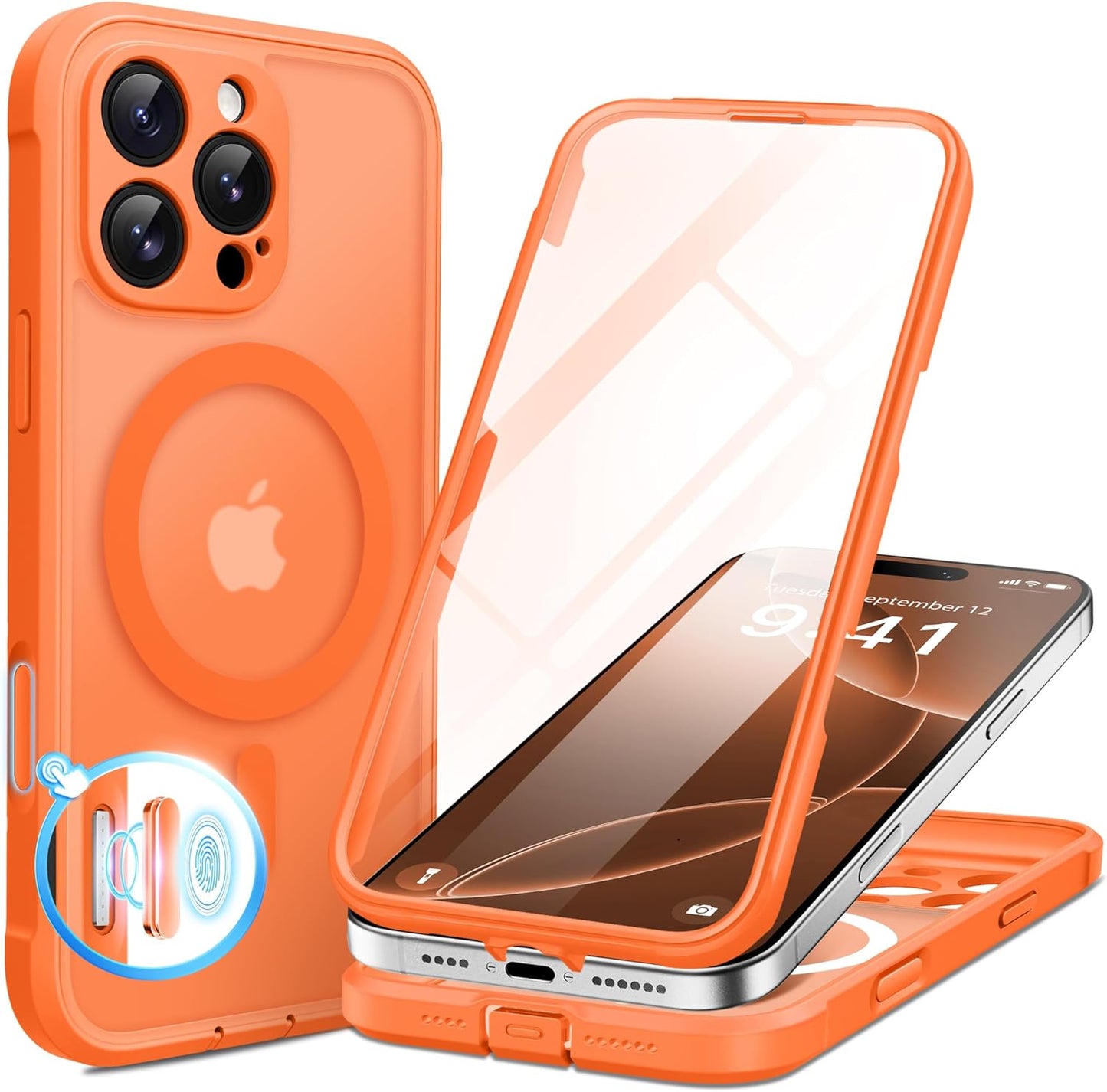 BERFY Magnetic for iPhone 16 Pro Max Case, Compatible with MagSafe, [Built-in 9H Tempered Glass Screen Protector & Camera Protection] Full Body Translucent Matte Phone case for 16 Pro Max, Orange