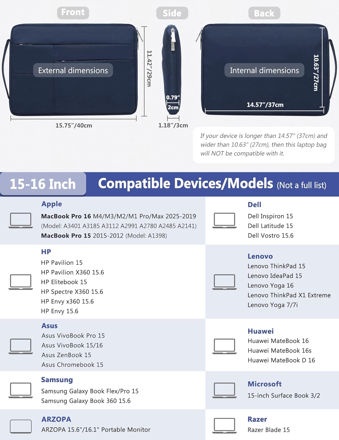 HYZUO 15-16 Inch Laptop Sleeve Bag for MacBook Pro 16 M4/M3/M2/M1 2025-2019, 15" Surface Book, Portable NoteBook Case for 15" 15.6" HP Dell Lenovo ThinkBook Asus Acer Samsung HUAWEI, Navy Blue