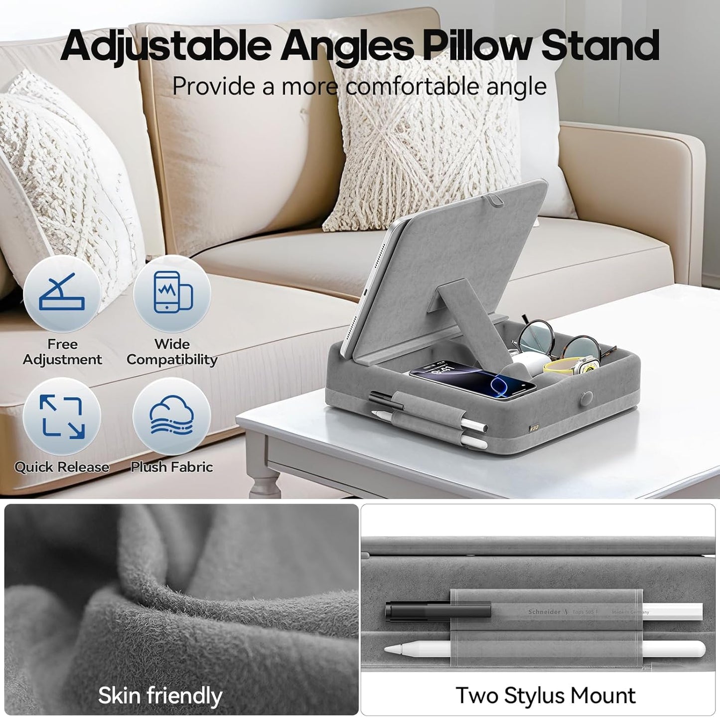 KDD Tablet Pillow Stand with Storage, Foldable Ipad Holder for Bed, Lap and Desk, Angle Adjustable Soft Pad Dock with Stylus Mount Compatible with Ipad Pro 12.9, 10.5, 11, Air, Mini, Phones, Books