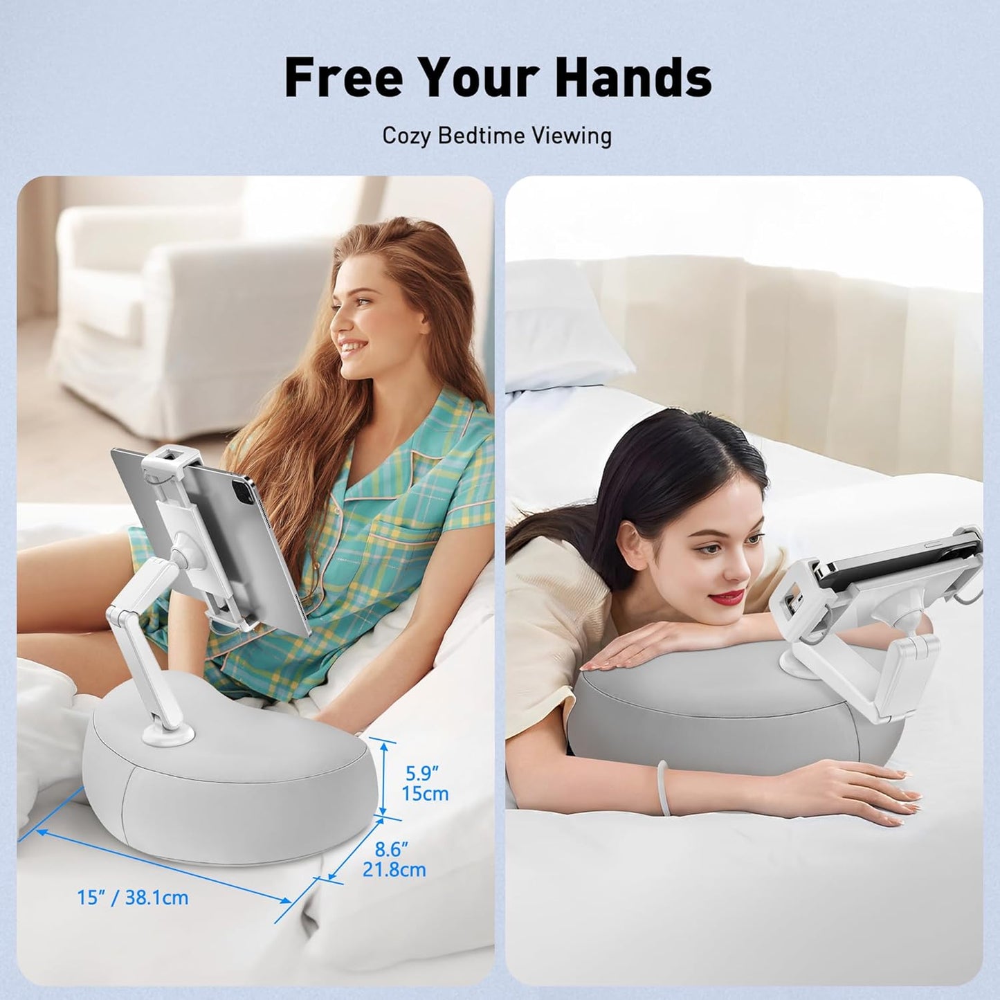 AboveTEK Tablet Pillow Stand for Bed, Hands-Free 360° Adjustable iPad Pillow Holder for Lap Reading w/Soft Bean Bag, Ideal Gift for Mom, Fits 4.7" to 12.9" Tablet, Phone, Kindle - Gray