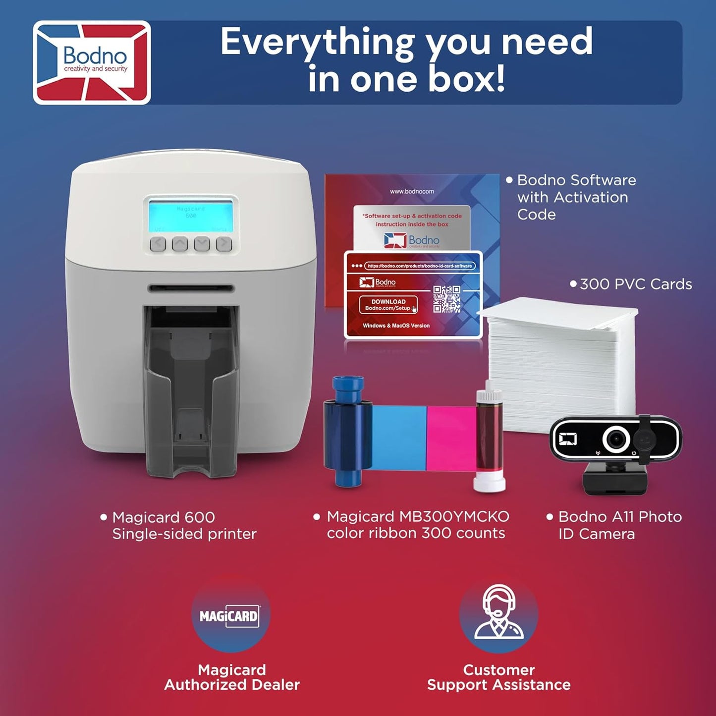 Bodno Magicard 600 Single Sided ID Card Printer & Complete Supplies Package ID Software - Gold Edition