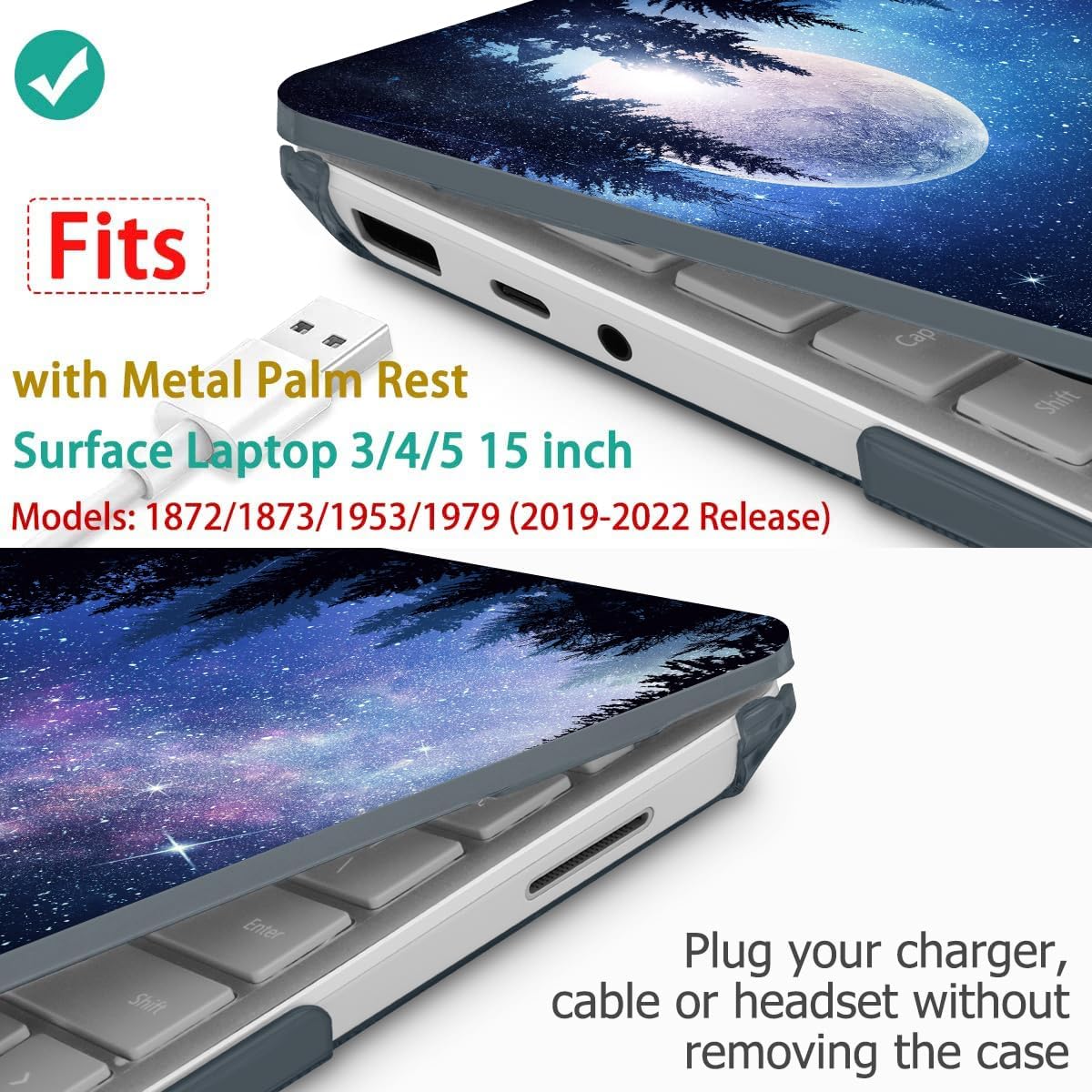 Tuiklol Case for 15 Inch Microsoft Surface Laptop 5/4/3 2022-2020, Model 1979/1953/1872/1873 Hard Shell Cover, Keyboard Cover+Screen Protector+Dust Plugs,Moonlight