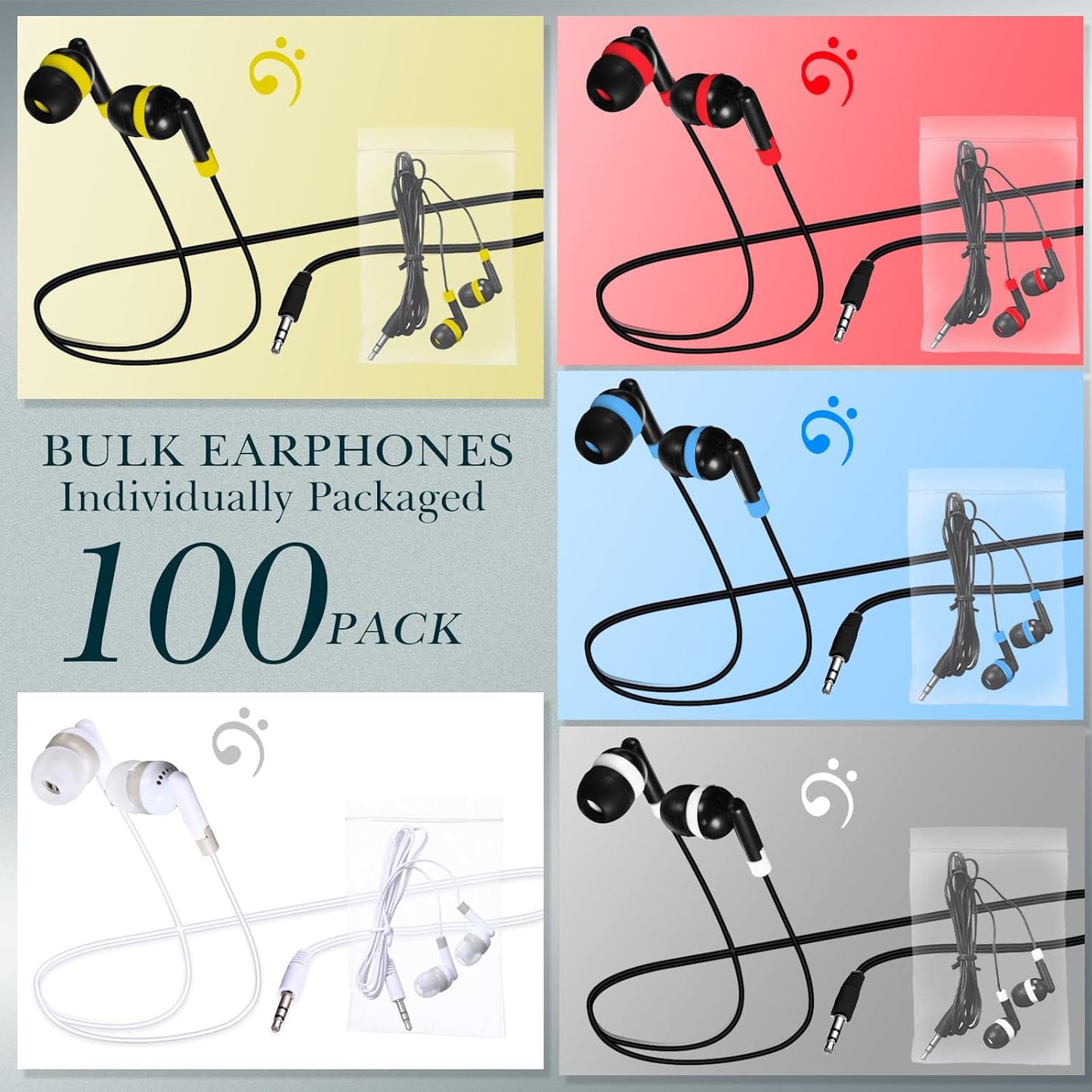 Kanayu 100 Pack Wired Earbuds Bulk for Classroom Ear Headphones Wired Basic Student Earbuds No Microphone with 3.5mm Jack for Kids Class Laptop School Library, Individually Bagged(Multicolor)