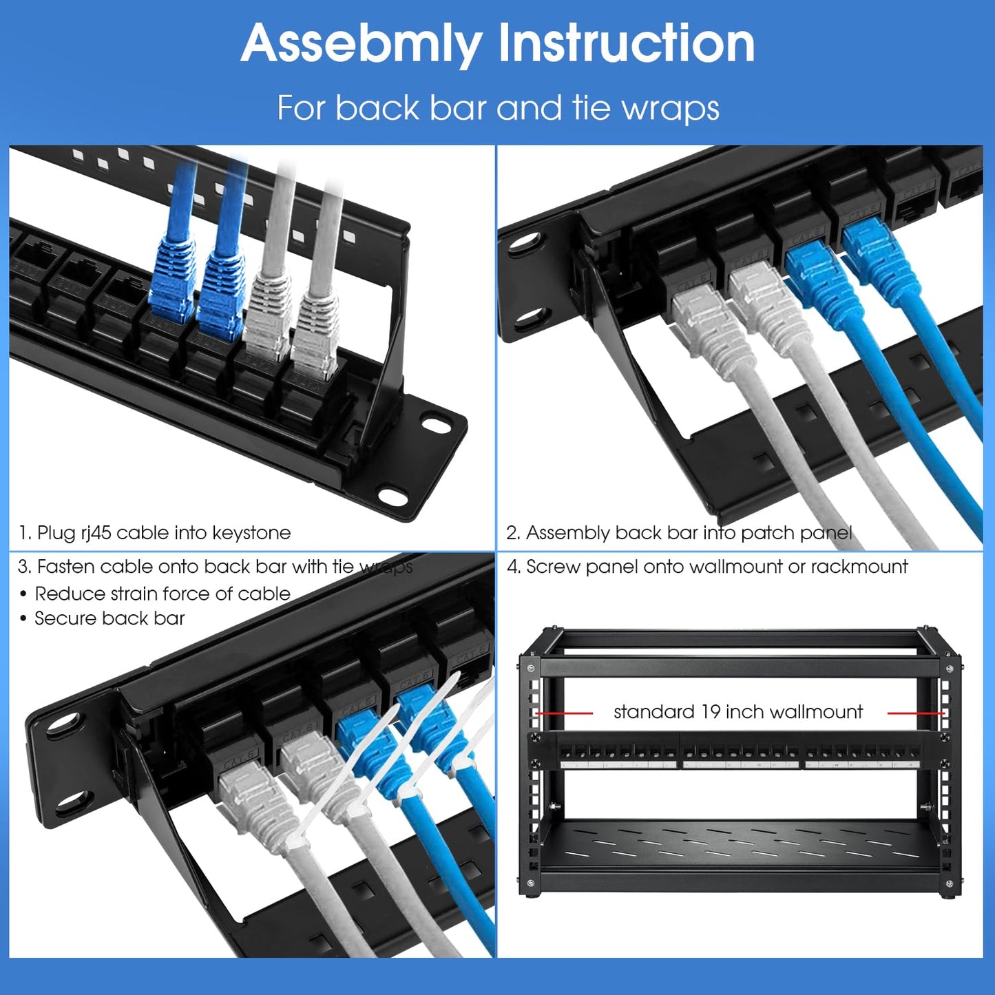 24 Port Keystone Patch Panel, 1U 19-inch RJ45 Network Patch Panel with Back Bar, Loaded with 24 Cat6 Couplers (Black)