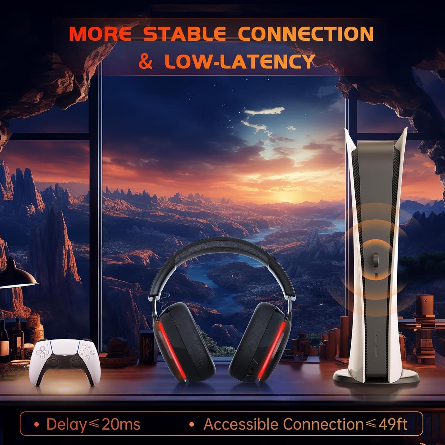 2.4GHz Wireless Gaming Headset for PS5, PS4 Fortnite & Call of Duty/FPS Gamers, PC, Nintendo Switch, Bluetooth 5.3 Gaming Headphones with Mic, Stereo Sound, Red Light -BlackRed