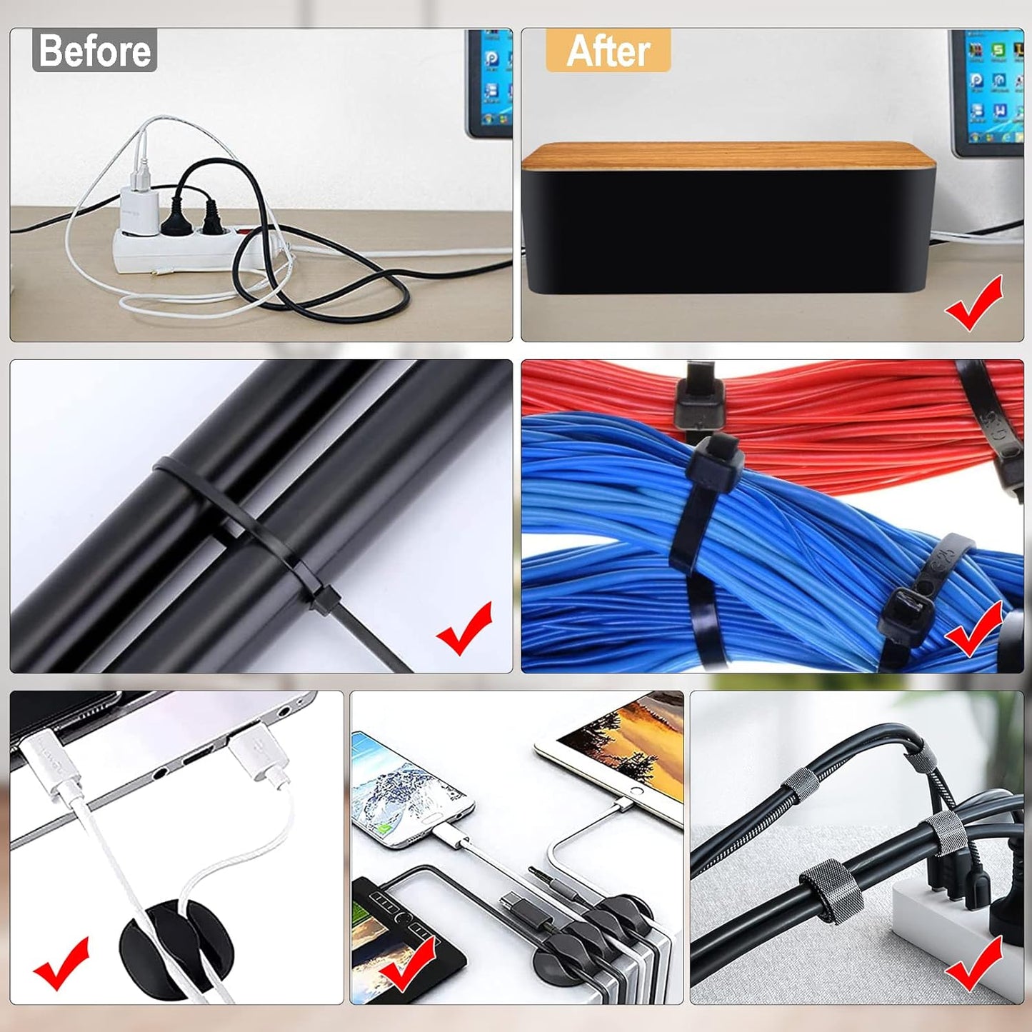 Cable Management Box 3 Pack with 125PCS Cable Management Kit for Power Strip to Hide Wires,Cord Organizer Boxes,Safe ABS Material Wire Organizer of Cable Clips Sleeve for Home & Office