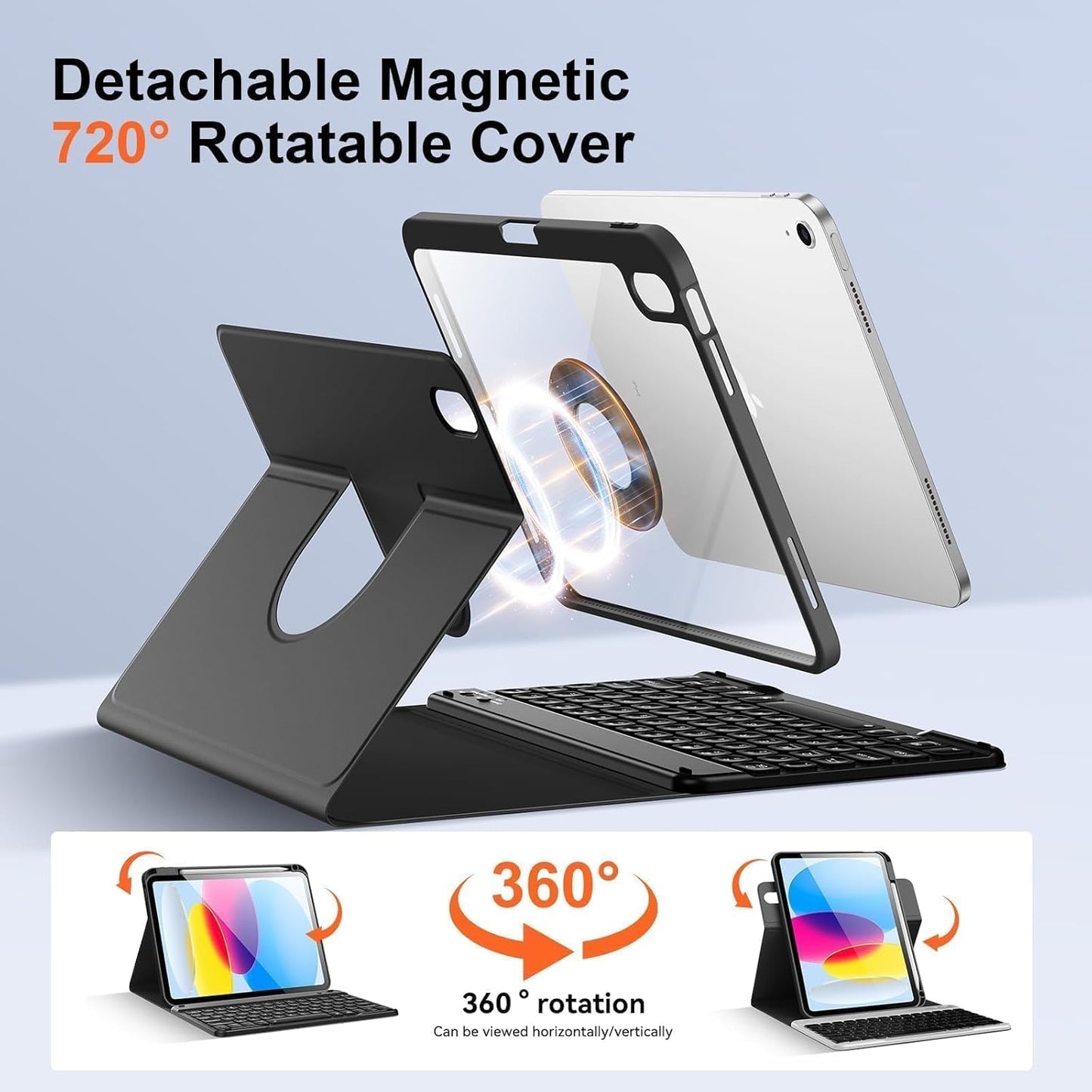 for iPad 11th 10th Generation Case with Keyboard, Magnetic 720° Rotatable Cover Detachable Wireless Bluetooth Backlit Keyboard with Pencil Holder for iPad 11 inch A16 2025 & 10.9 inch 2022 -Black