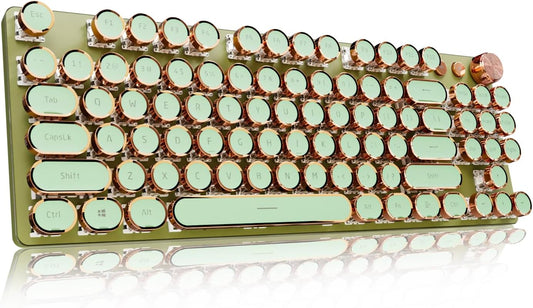 EWEADN V20 Green Typewriter Keyboard,87 Keys Backlit Typewriter Style Mechanical Keyboards, Media Control Knob, Wired/BT5.0/2.4G Typewriter Style Computer Keyboards Pink Switch for Windows/Mac/PC