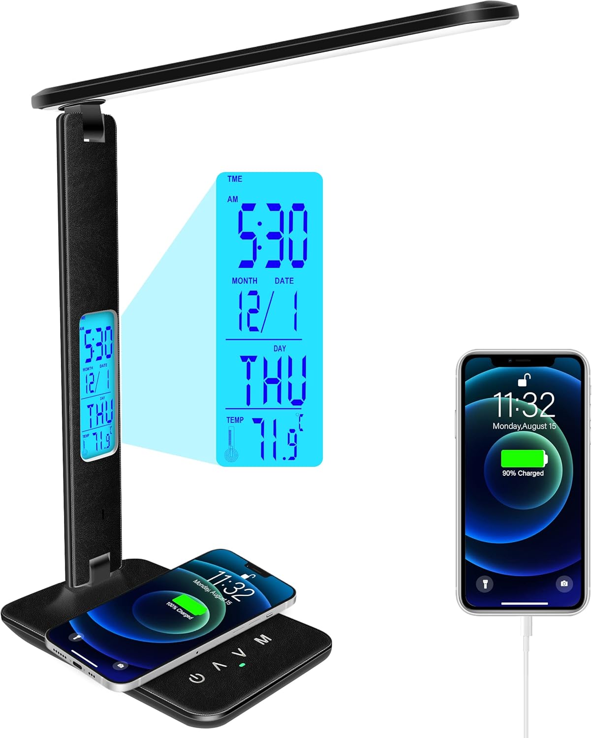 Desk Lamp with Wireless Charger，USB Charging Port, Dimmable Office Desk Light with Clock, Alarm, Date, Temperature, Foldable Lamp for Table Bedroom Bedside Office (Black, Standard Size-13.3 inch)