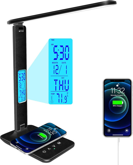 Desk Lamp with Wireless Charger，USB Charging Port, Dimmable Office Desk Light with Clock, Alarm, Date, Temperature, Foldable Lamp for Table Bedroom Bedside Office (Black, Standard Size-13.3 inch)