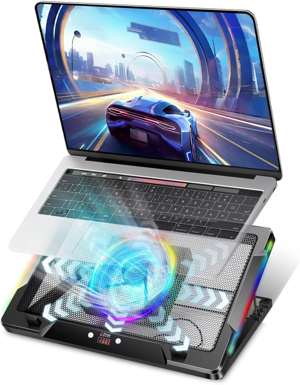 G-STORY Gaming Laptop Cooling Pad with Movable Fan and Automatic Speed Adjustable by Temperature,Music Sync RGB Light,Low Noise Laptop Cooler 3 Speed 1500/1750/2000RPM(140MM) Stand 12–18" Notebook
