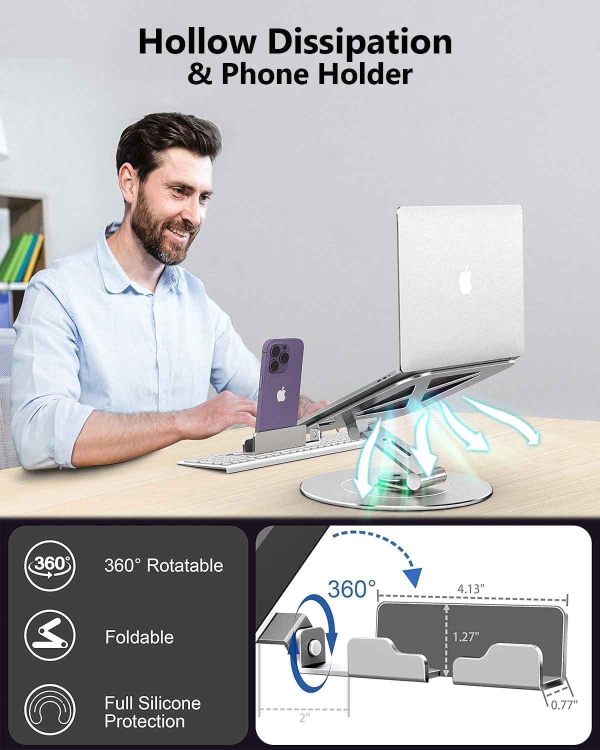 Adjustable 10-17.3" Laptop Stand for Desk with 360 Swivel Larger Base & Rotating Phone Holder, Aluminum Computer Stand for Laptops, Ergonomic Laptop Riser Fits MacBook, HP, Dell, All Laptops