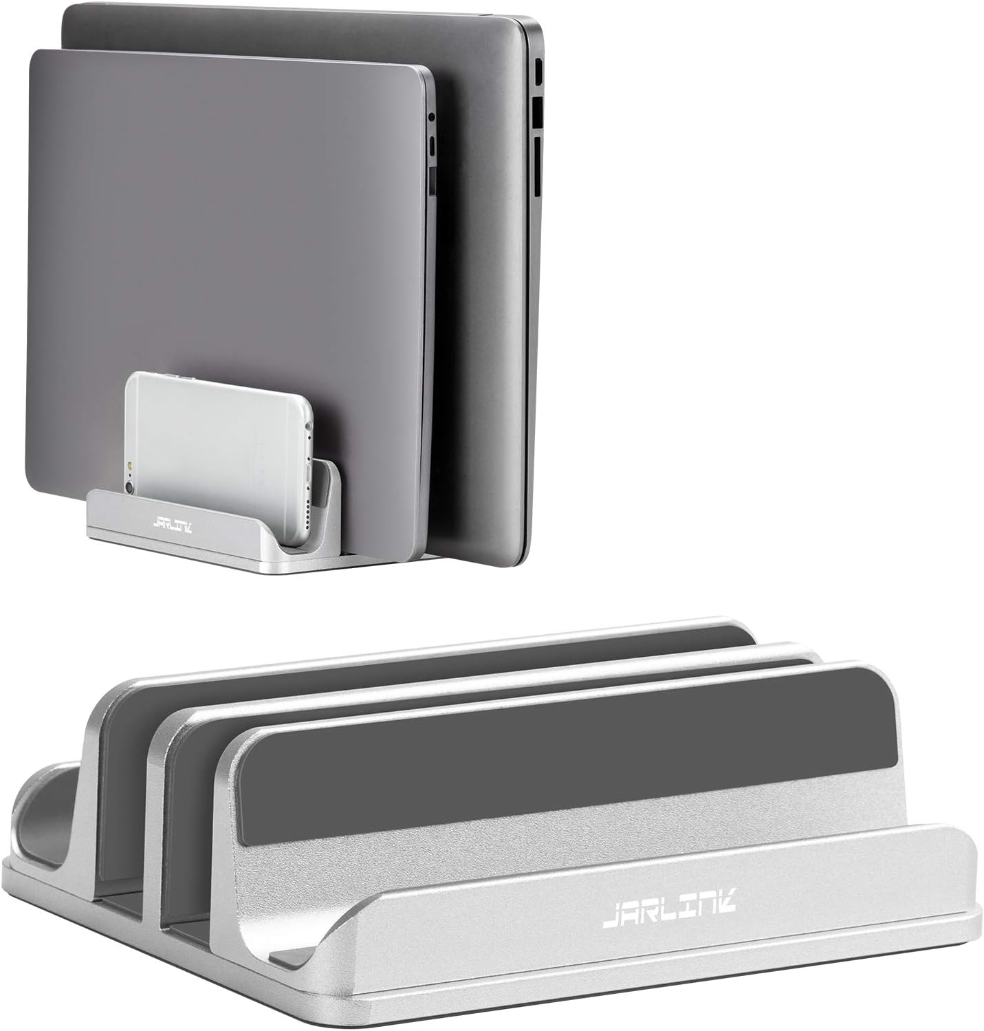 JARLINK 4-in-1 Adjustable Vertical Laptop Stand Holder, Aluminum Dual Slots Laptop Rack for Desk, Space-Saving Organizer Compatible with All MacBook, Surface, Chromebook, and Gaming Laptops (Silver)
