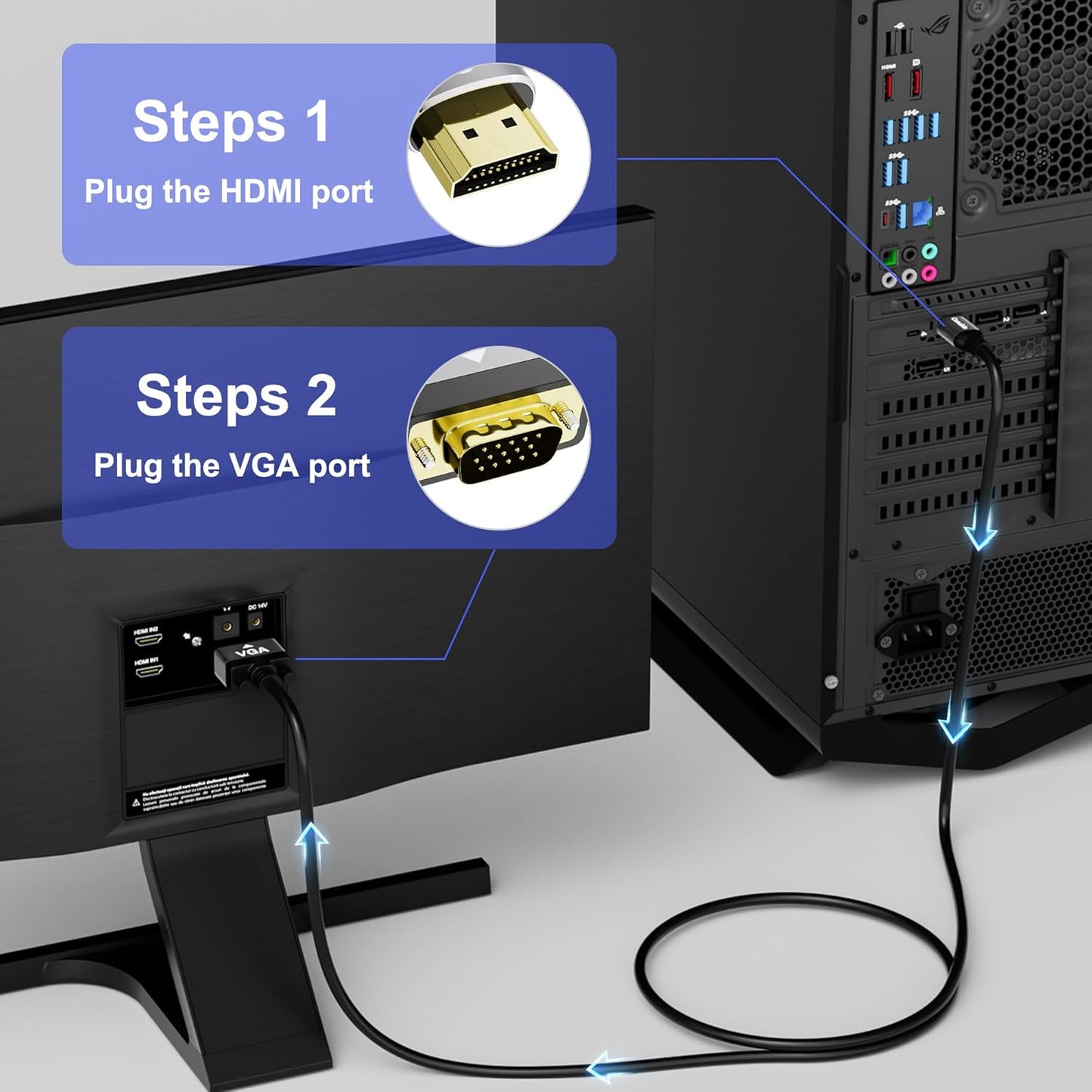 HDMI to VGA Cable 4 FT, Uni-Directional HDMI (Source) to VGA (Display) Cable, Black Male to Male Cord, Gold-Plated Connectors, Aluminum Shells, for PC, Desktop, Laptop, Monitor, Projector, HDTV, Xbox
