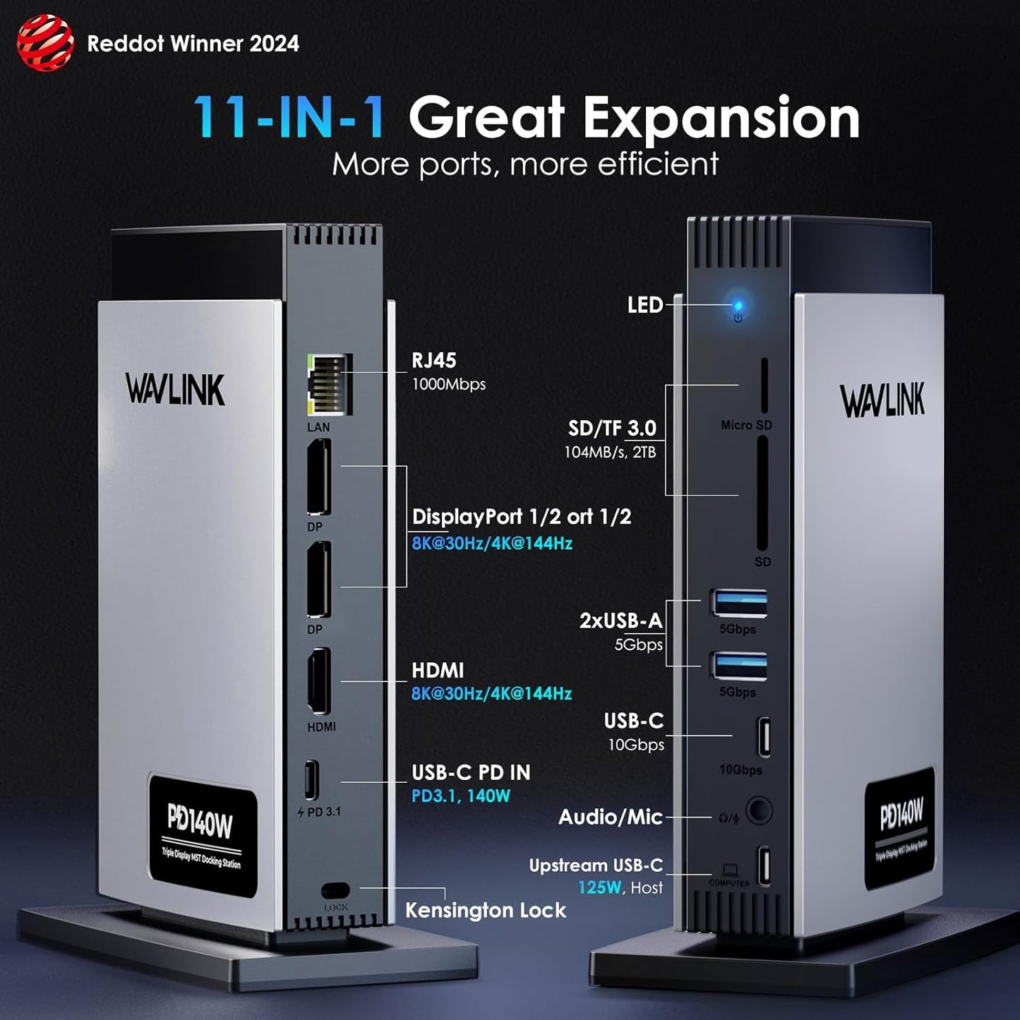 WAVLINK Laptop Docking Station 3 Monitors(Max Resolution: Single 8K or Triple 4K), 11-in-1 USB C Docking Station with 125W PD3.1 Pass-Through, HDMI + 2*DP, for MacBook M1/M2/M3/M4 & Windows, SD/TF