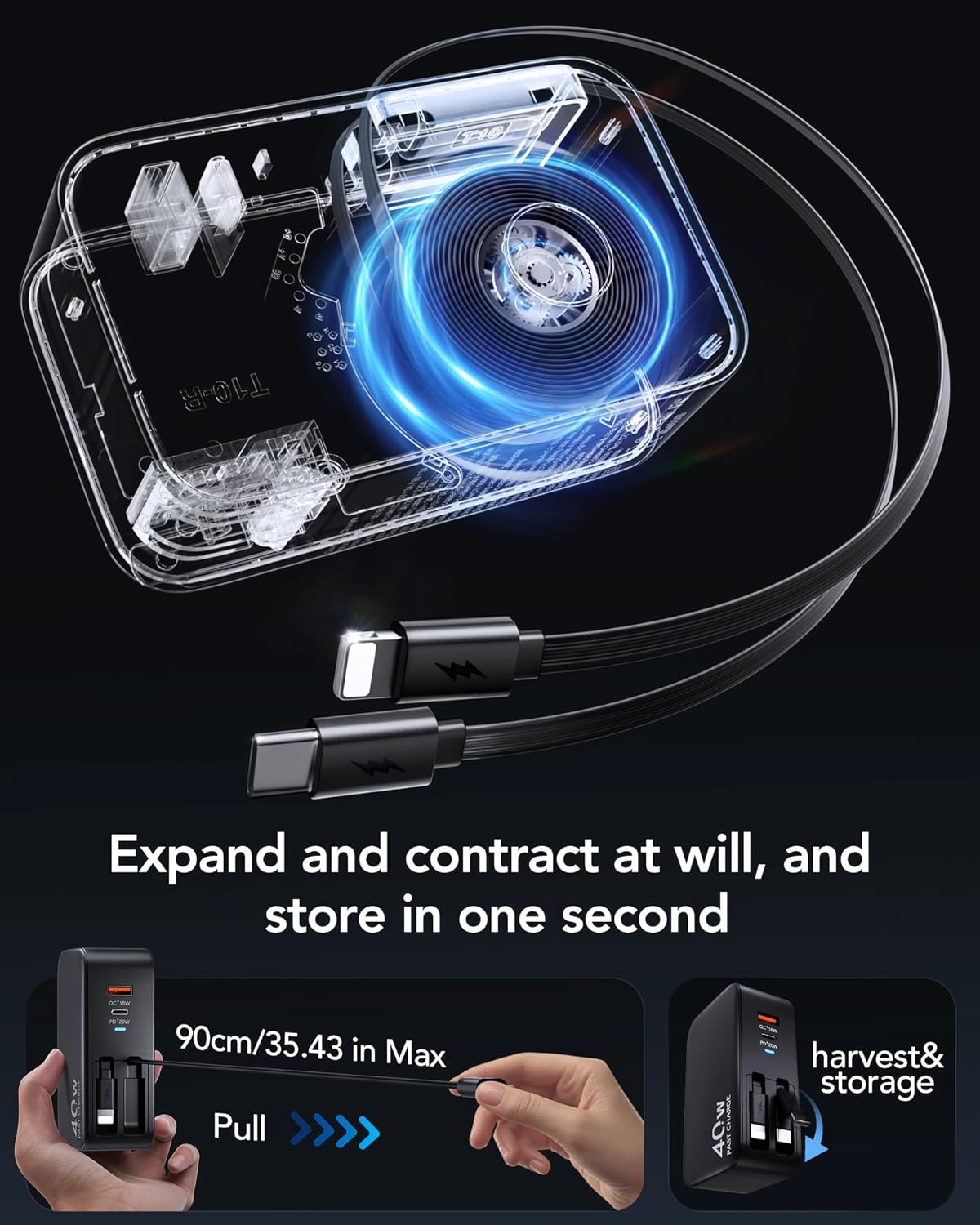 4-in-1 Retractable Gan Wall Charger Plug,Travel Essentials Brick Multiport USB Ports,3ft Lightening and Type c Cables,40W Multi Fast Charging Foldable Block for iPhone 16/15/14/13,iPad,Galaxy,Pixel