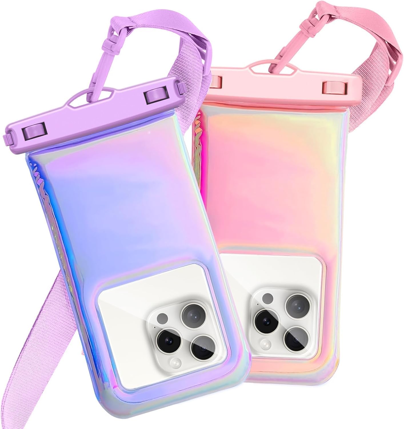 Floatable Waterproof Phone Pouch for iPhone 16 Pro Max/15/14/13/12, IP68 Travel Cellphone Dry Bag Beach Cruise Ship Essentials Bags with Crossbody Lanyard, Iridescent Purple and Pink-7″2 Pax