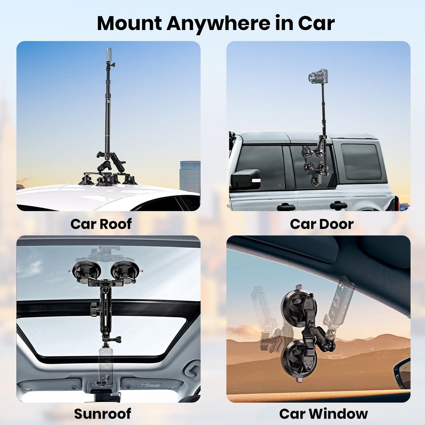 Suction Car Mount for GoPro/Insta360/DJI | Aluminum Alloy Extendable Selfie Stick with Multi-Joint Flexible Arm | Upsized Strong Suction Mount Kit Includes Tripod Adapter