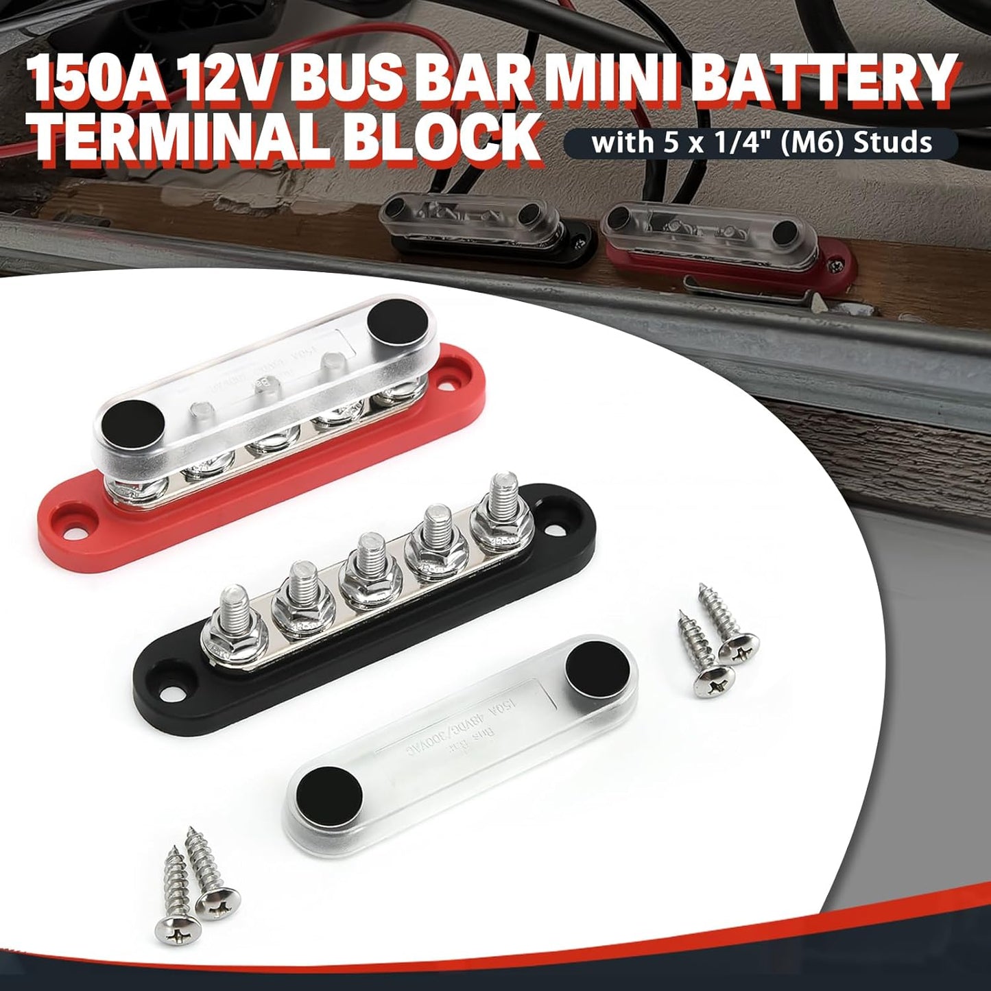 150A 12V Power Distribution Block with 5 x 1/4" (M6) Studs Max 150A 48V DC 300V AC for Automotive Car Marine Truck Boat