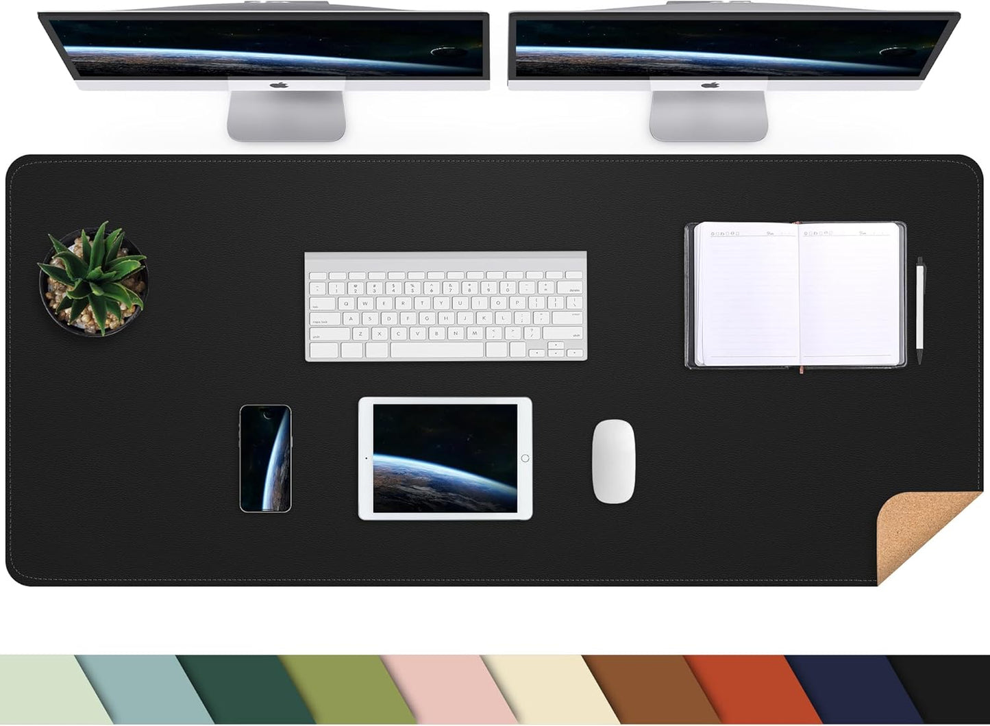 AFIING Leather Desk pad Protector, Large Non-Slip Office Desk Mat with Natural Cork & PU Leather, Waterproof Writing Mouse Pad for Office and Home (55in*17in,Black)