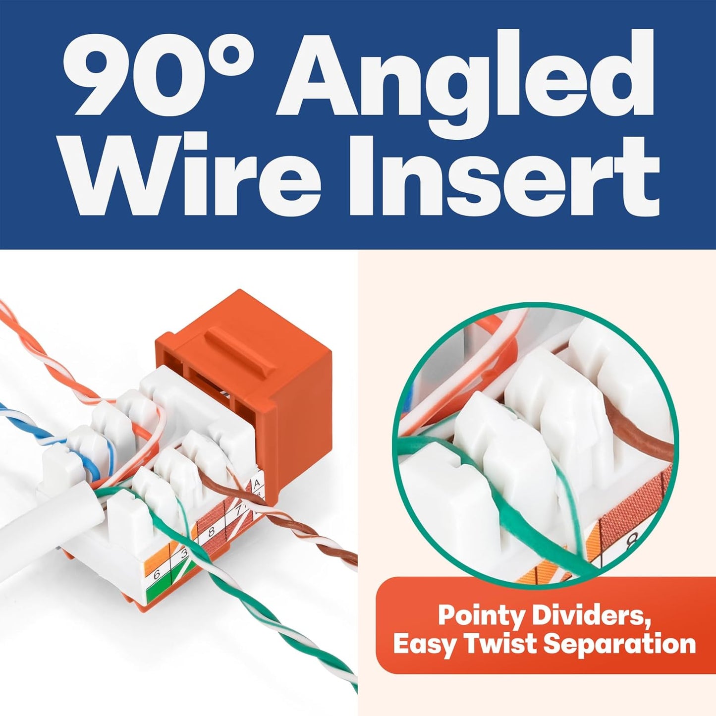 Everest 90° Angled RJ45 Cat5e Keystone Jacks 10-Pack in Orange - Slim Profile Female RJ45 Connectors - Cat 5e Keystone Jack - Compatible with 90° Angled Speed Termination Tool - easyJACK (B094WB91H3)