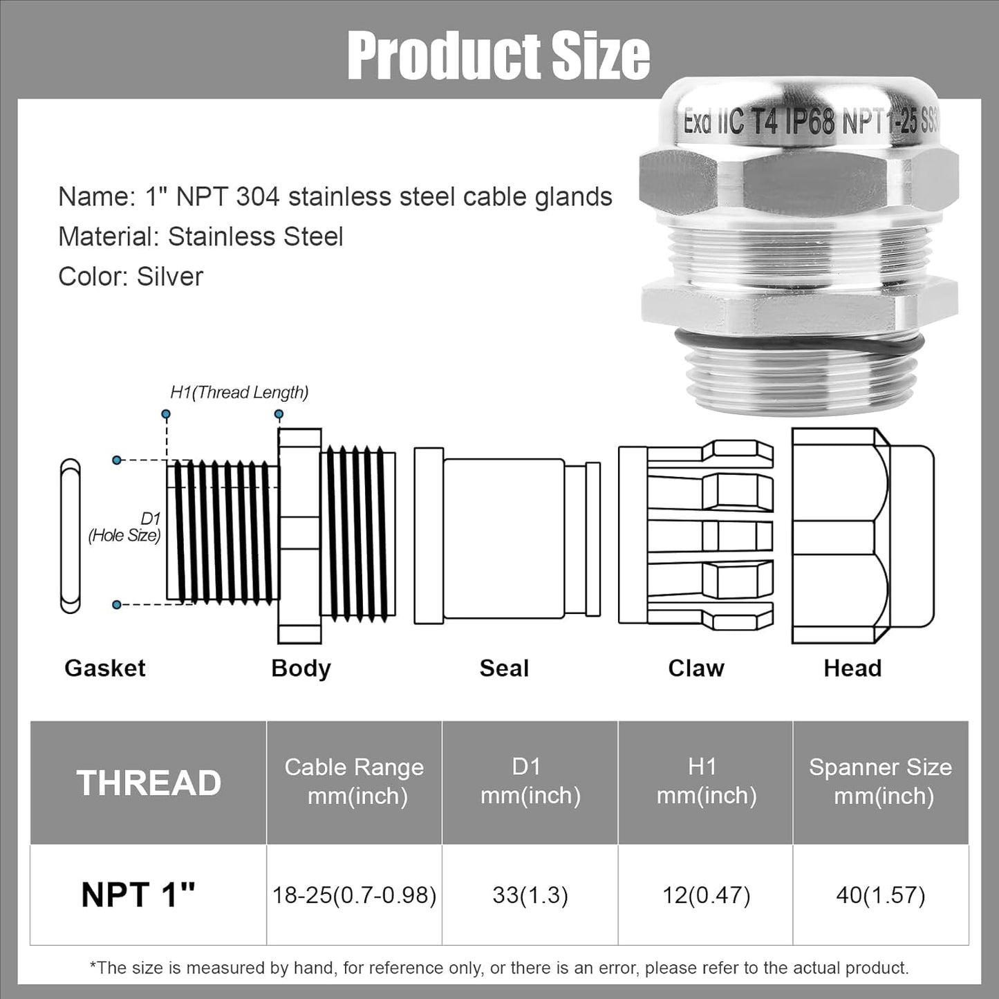 NPT 1" Stainless Steel Waterproof Cable Gland IP68 Waterproof Cable Gland Adjustable 18-25mm Cable Gland Protectors