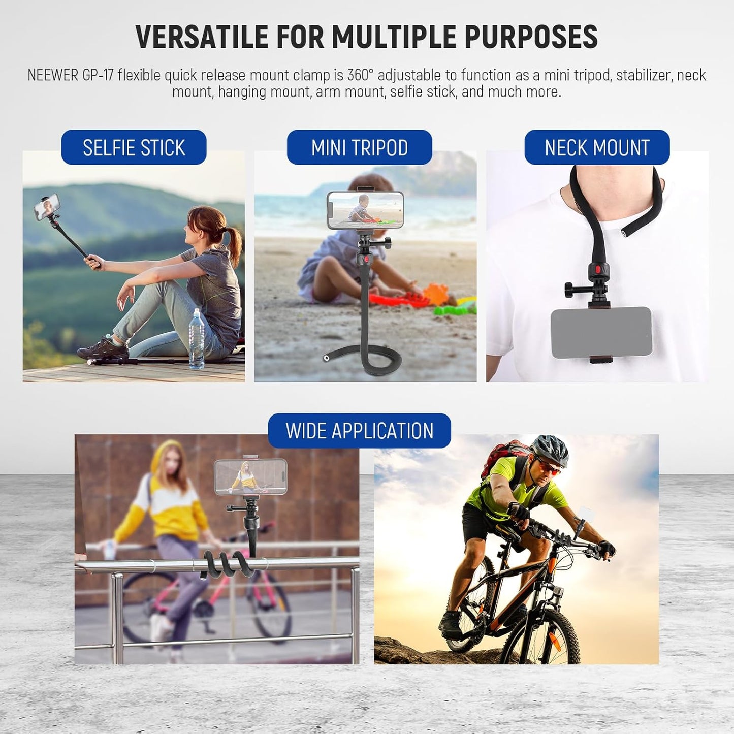 NEEWER Flexible Phone Holder with Magnetic Quick Release Camera Mount Compatible with Insta360 DJI Action 4 iPhone, Bendable Selfie Stick for Shopping Cart/Stroller/Treadmill/Gym, GP-17