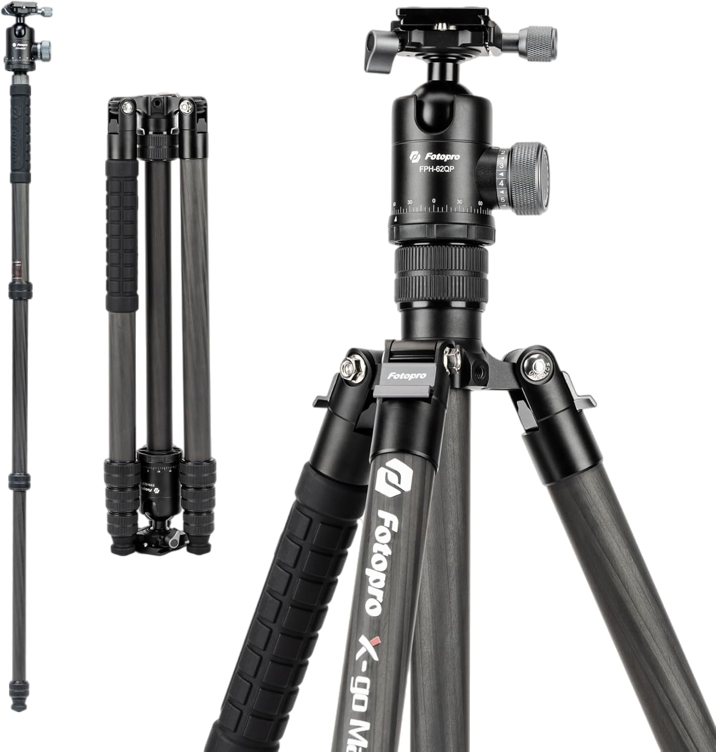Fotopro 68" Carbon Fiber Travel Tripod, Heavy Duty Camera Tripod with Ball Head, Detachable Monopod with Quick Release Plate and Bag, Load up to 12KG/26lbs