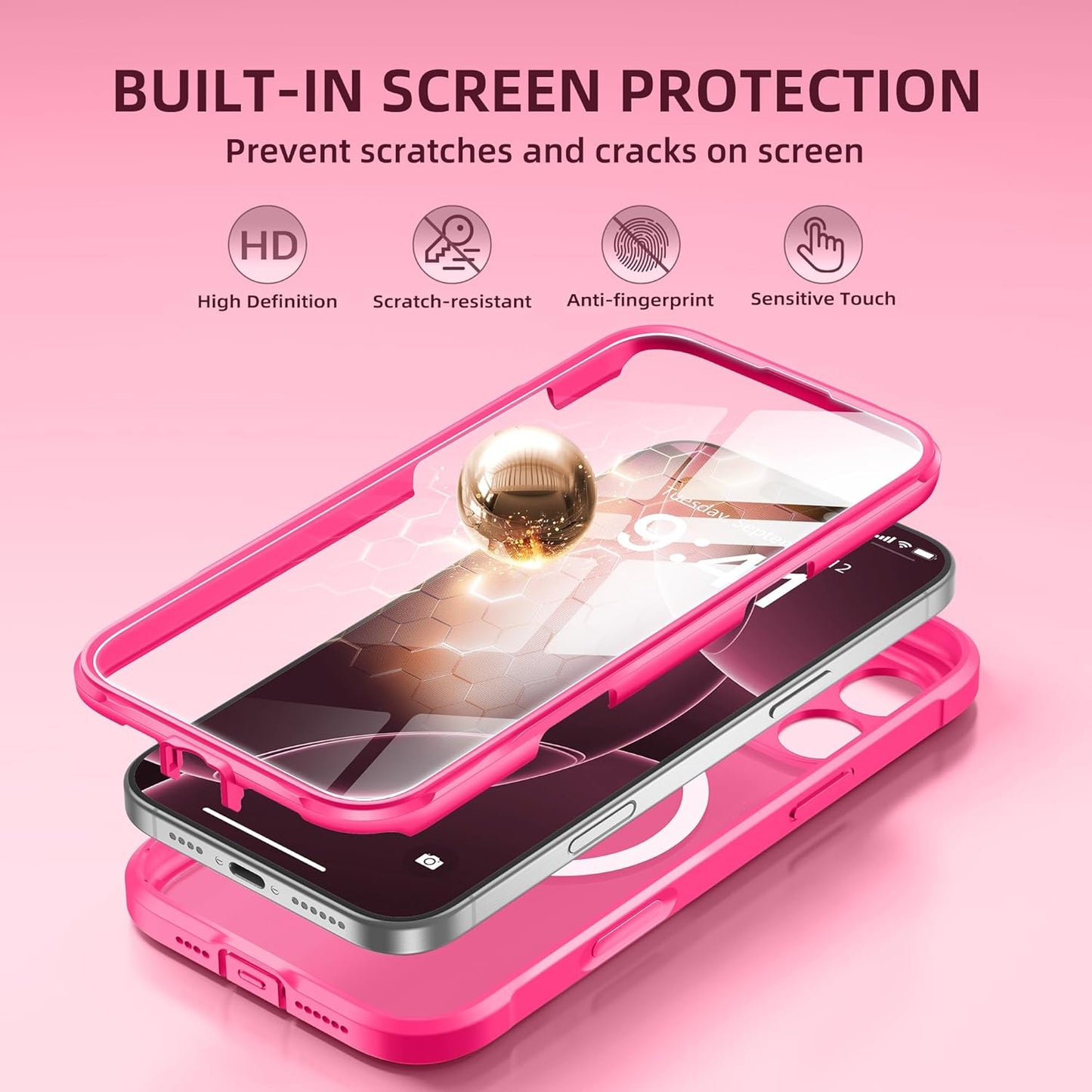 BERFY Magnetic for iPhone 16 Pro Max Case, Compatible with MagSafe, [Built-in 9H Tempered Glass Screen Protector & Camera Protection] Full Body Translucent Matte Phone case for 16 Pro Max, Hot Pink
