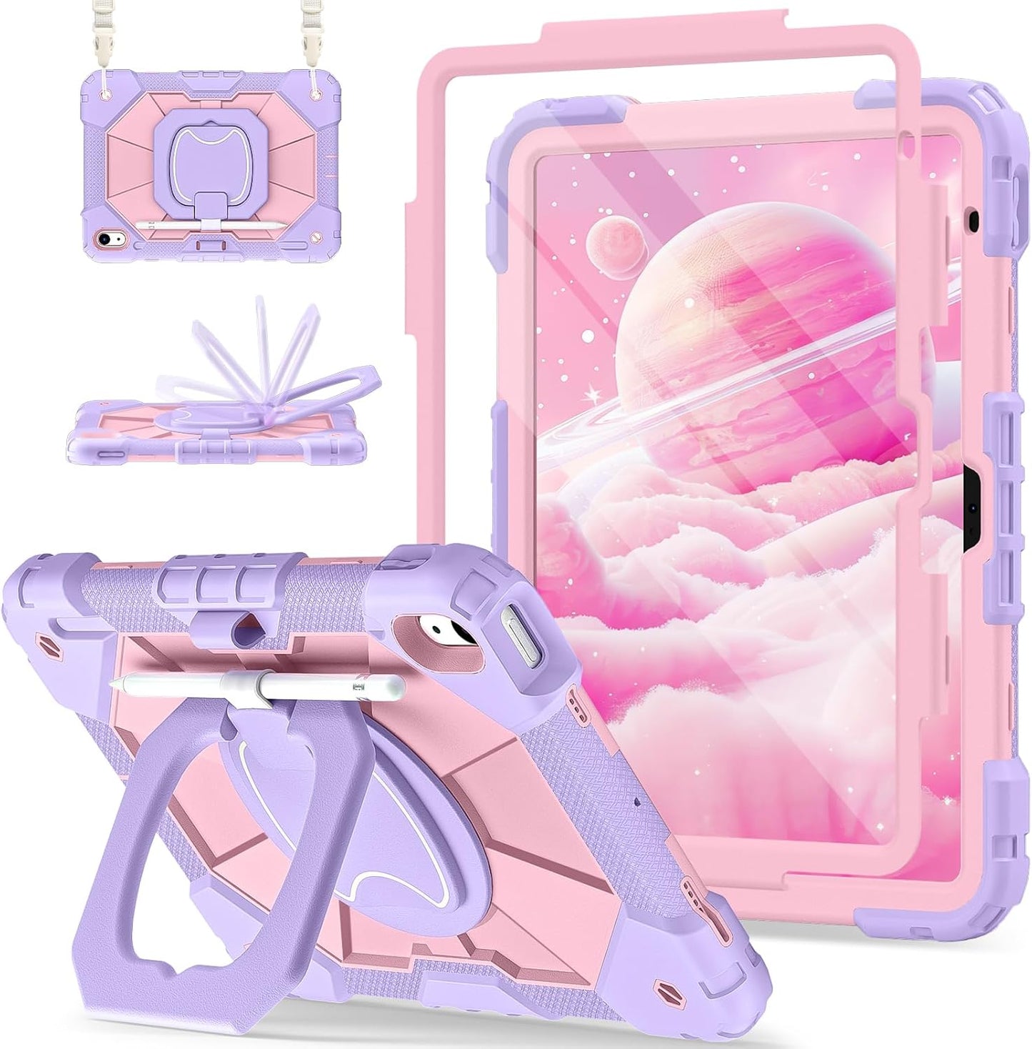 Case for iPad (A16) 11th Generation 11 Inch (2025), iPad 10th Generation Case 10.9 Inch (2022), Shockproof Cover with 360° Rotating Stand Screen Protector Pen Holder Shoulder Strap, Purple Pink