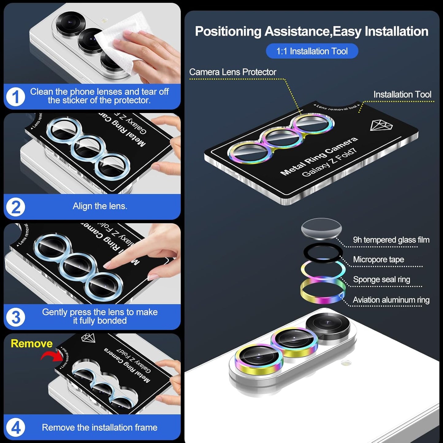 for Samsung Galaxy Z Fold 7 Camera Lens Protector, Individual Metal Ring Tempered Glass Lens Cover, [Strong Adsorption] Scratch Resistant Ultra-Thin HD Clear Lens Cover, 1 Set-Colorful