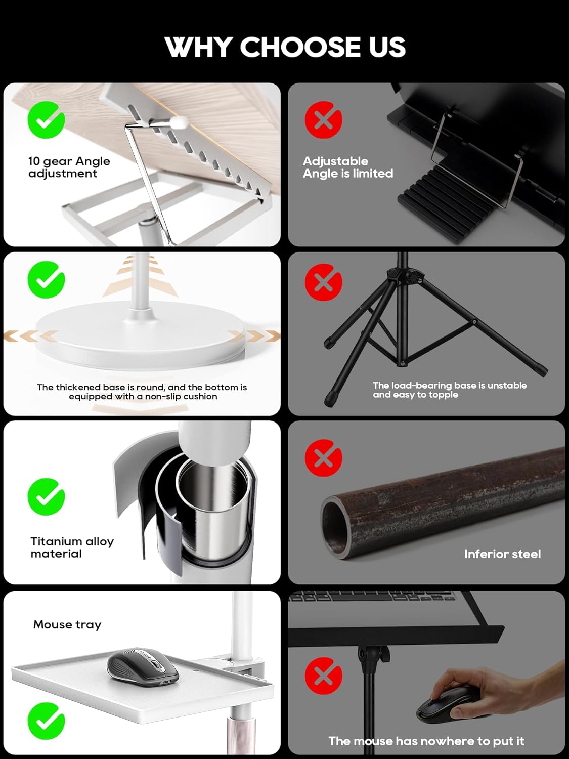 2 in 1 Adjustable Book Stand - Dual-Use Floor and Desktop Book Holder Stand, Height Adjustable 23.5-52 in, Elastic Page Clips for Music Sheet, Recipe, Tablet, Laptop-White