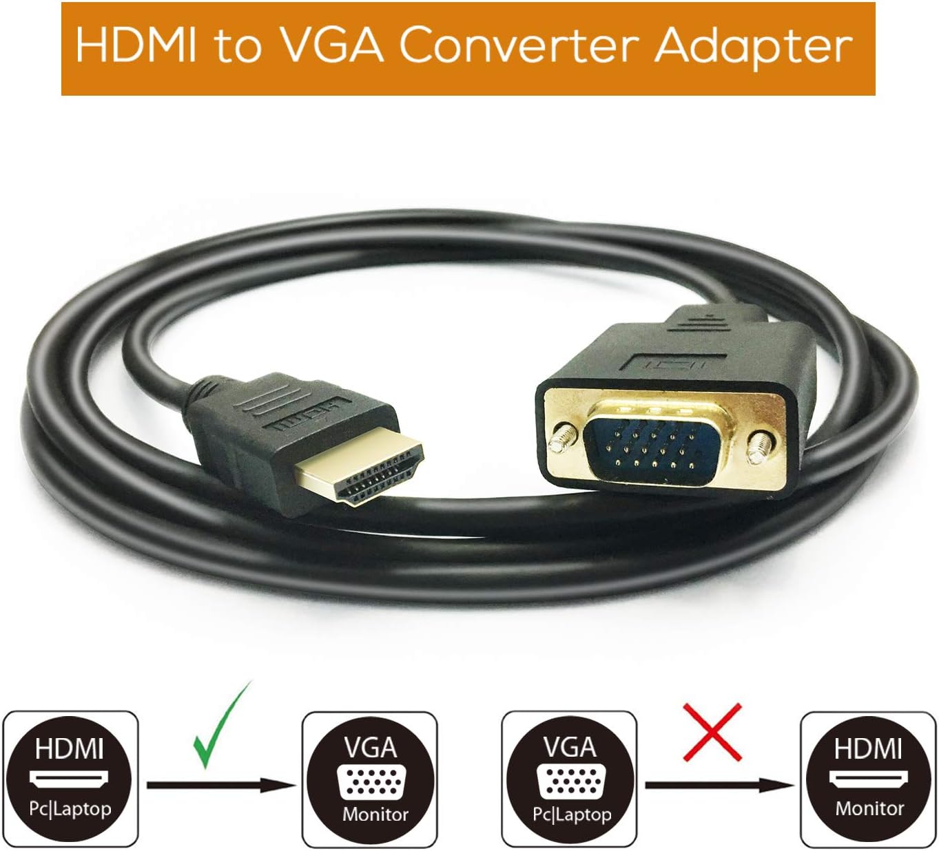 HDMI to VGA Cable, 1080P HDMI Male to VGA Male M/M Video Converter Cord Adapter Compatible with hdmi Desktop, Laptop, DVD to 15 Pin D-SUB vga HDTV Monitor Projector (10 Feet)