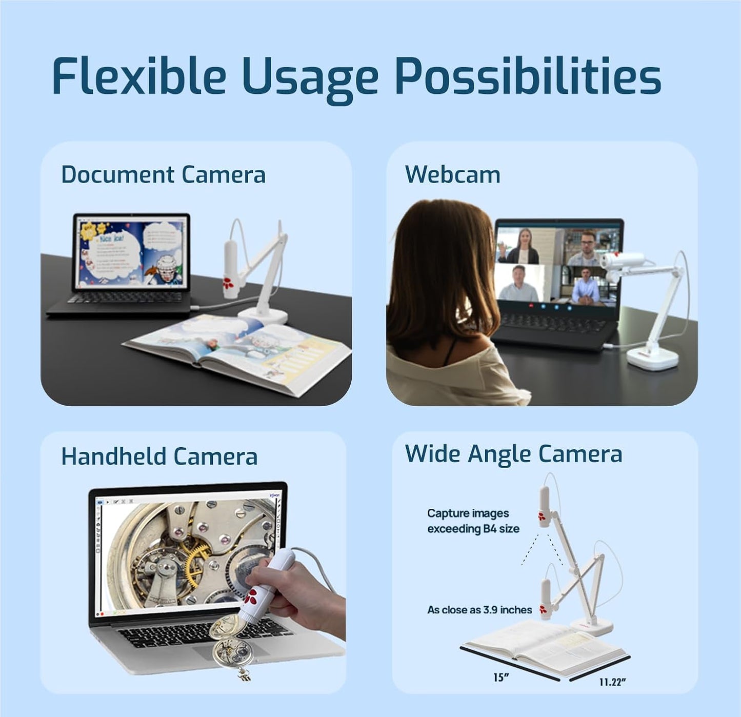 INS-3 Handheld Webcam/USB Document Camera for Classroom, Built-in Mic, Light, Auto Focus, Windows, Mac OS, iPad OS, Chromebook for Close-up Demo, Distance Learning, Web Conferencing, IWBs