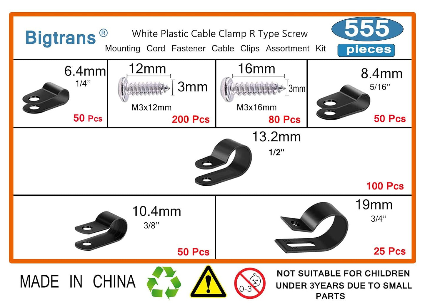 Bigtrans 555 Pcs Nylon Plastic R-Type Wire Clips with Screws 1/4" 5/16" 3/8" 1/2" 3/4" Clamps Fasteners Assortment for Cable Conduit -5 Size -Black