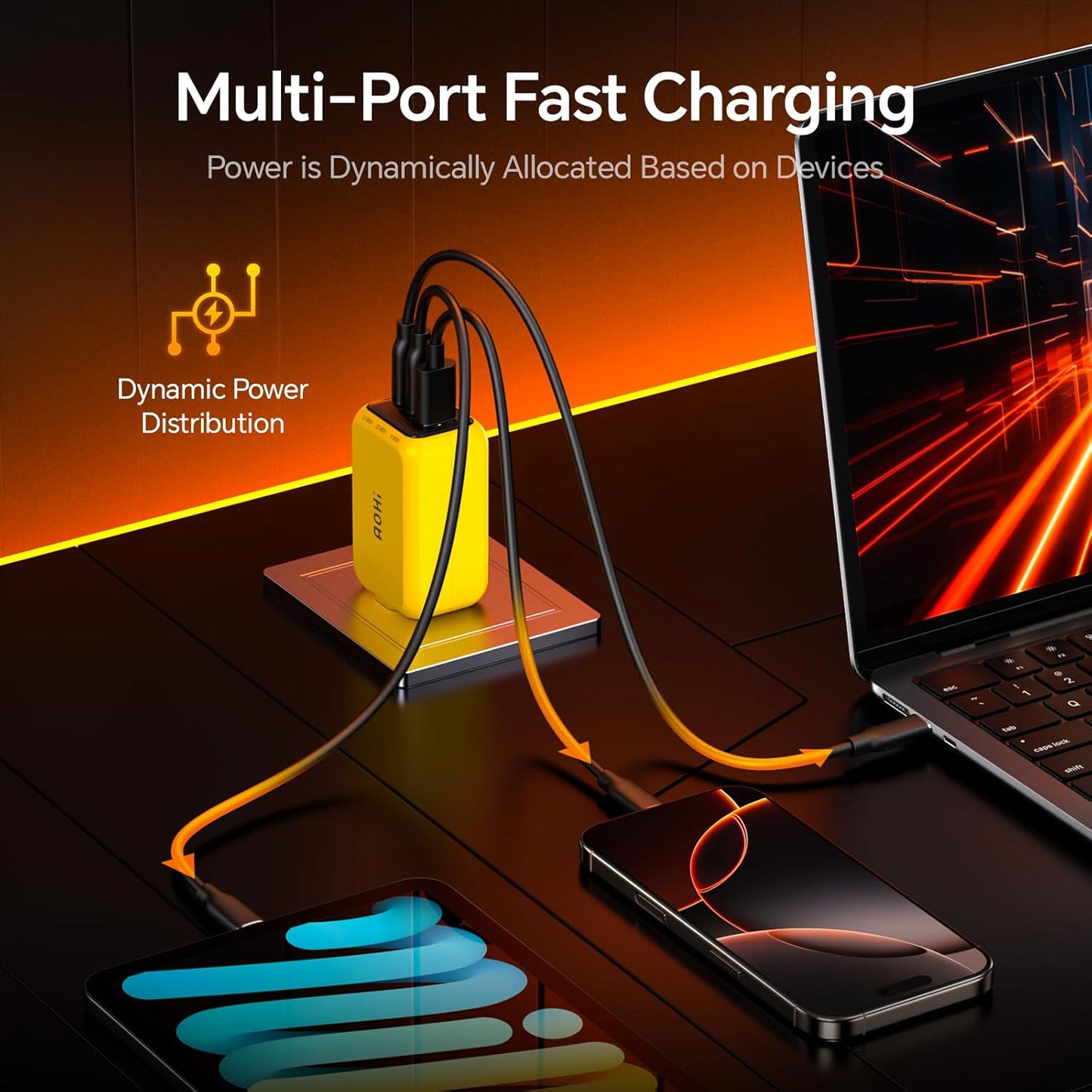 AOHI Youth 65W GaN+ USB C Charger Block, 3-Port PPS Type C Compact Foldable Laptop Fast Wall Charger for MacBook Pro/Air, iPad Pro, iPhone 16/15 Pro Max, Galaxy S24, Pixel, Steam Deck and More, Yellow