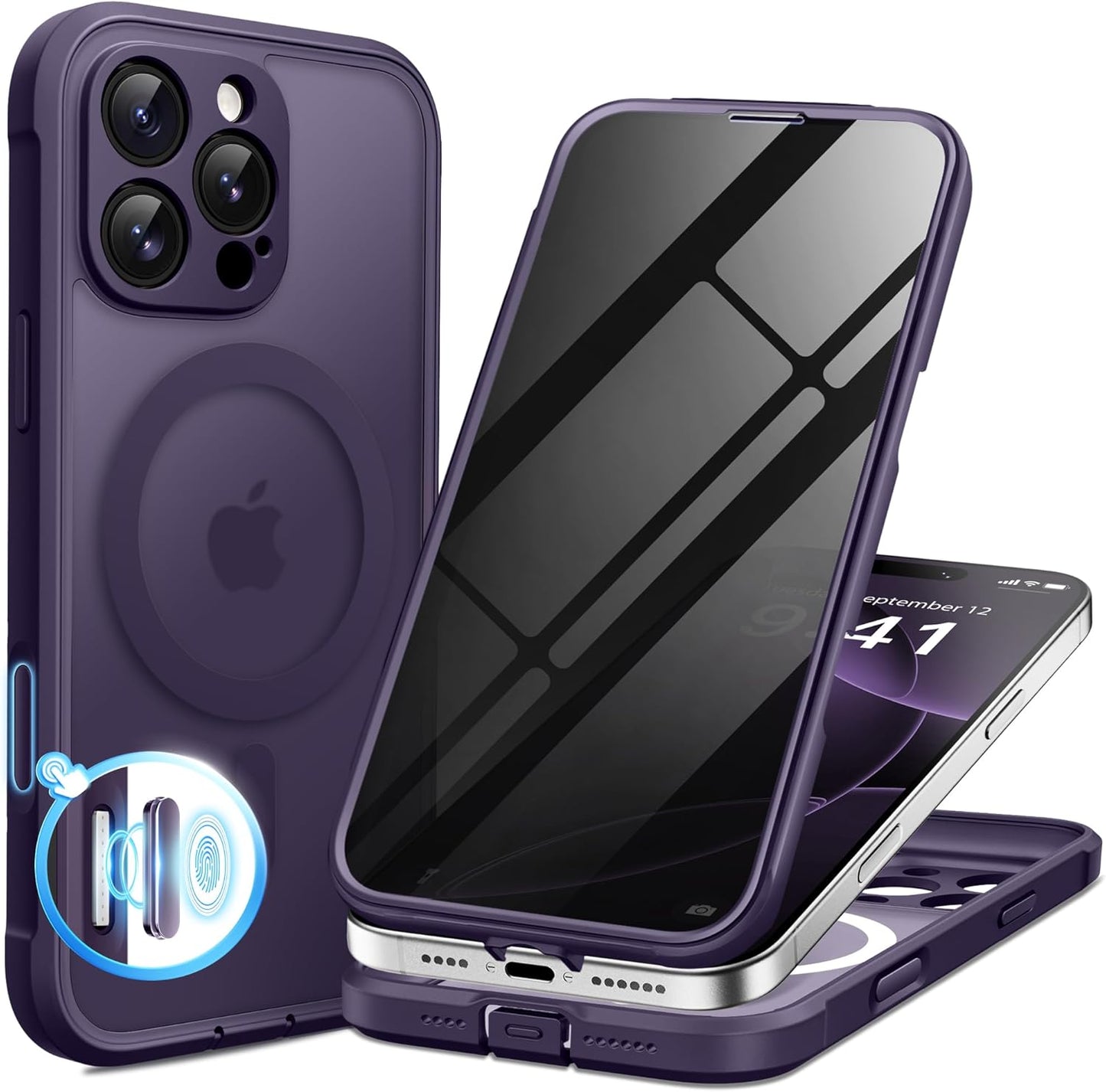 BERFY Magnetic for iPhone 16 Pro Case, Compatible with MagSafe, Built-in Privacy Screen Protector and Upgraded Camera Protection, Anti-Spy Full Body Shockproof Phone Case for 16 Pro 6.3", Deep Purple
