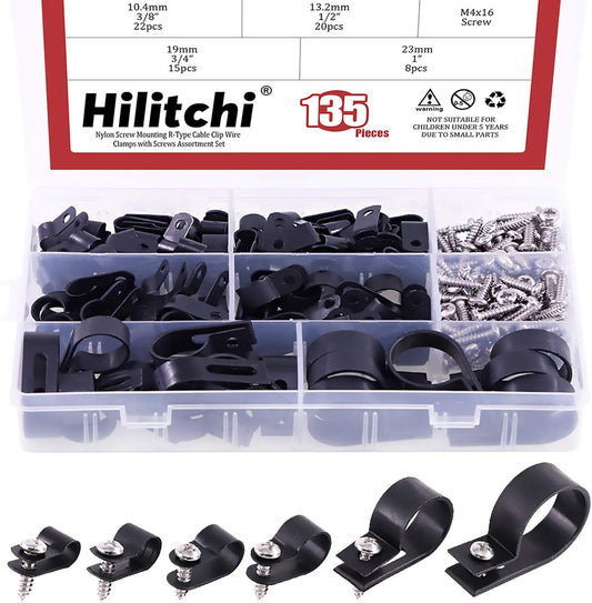 Hilitchi 135 Pcs 6 Sizes Black Plastic Cable Clamp R Type Screw Mounting Cord Fastener Cable Clips Assortment Kit with Screws for Wire Management Cable Conduit (Clips from 6mm to 23mm)