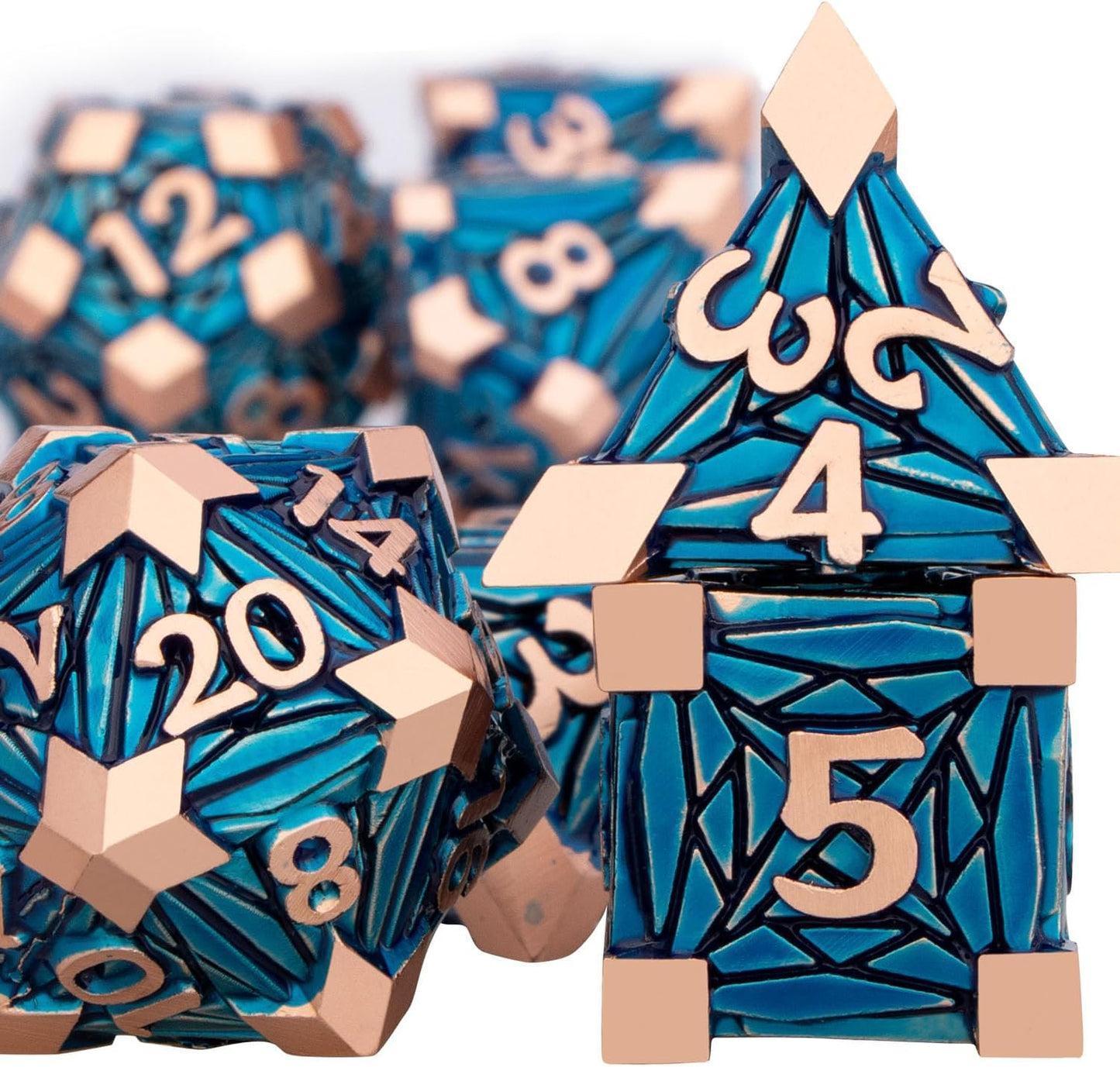 7PCS Metal DND Dice Set with Box, Debris RPG Copper Blue D and D Dice for use with D&D Tabletop Games Role Playing Game Polyhedral Dice Set D20 D12 D10 D8 D6 D4