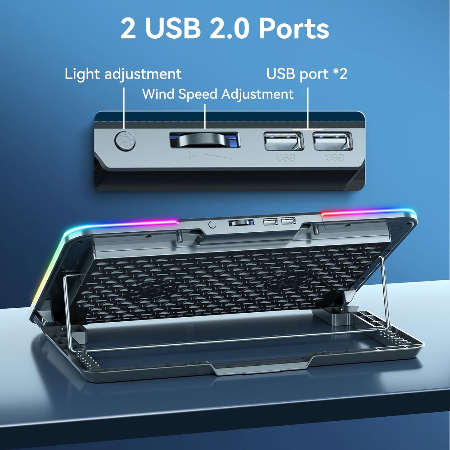 Upgarde Metal RGB Laptop Cooling Pad Gaming Laptop Cooler with 2 Large Fans, Adjustable Fan Speed, 7 Height Stand, 10 Modes Light with Memory Function for 10-17.3 Inch Laptops