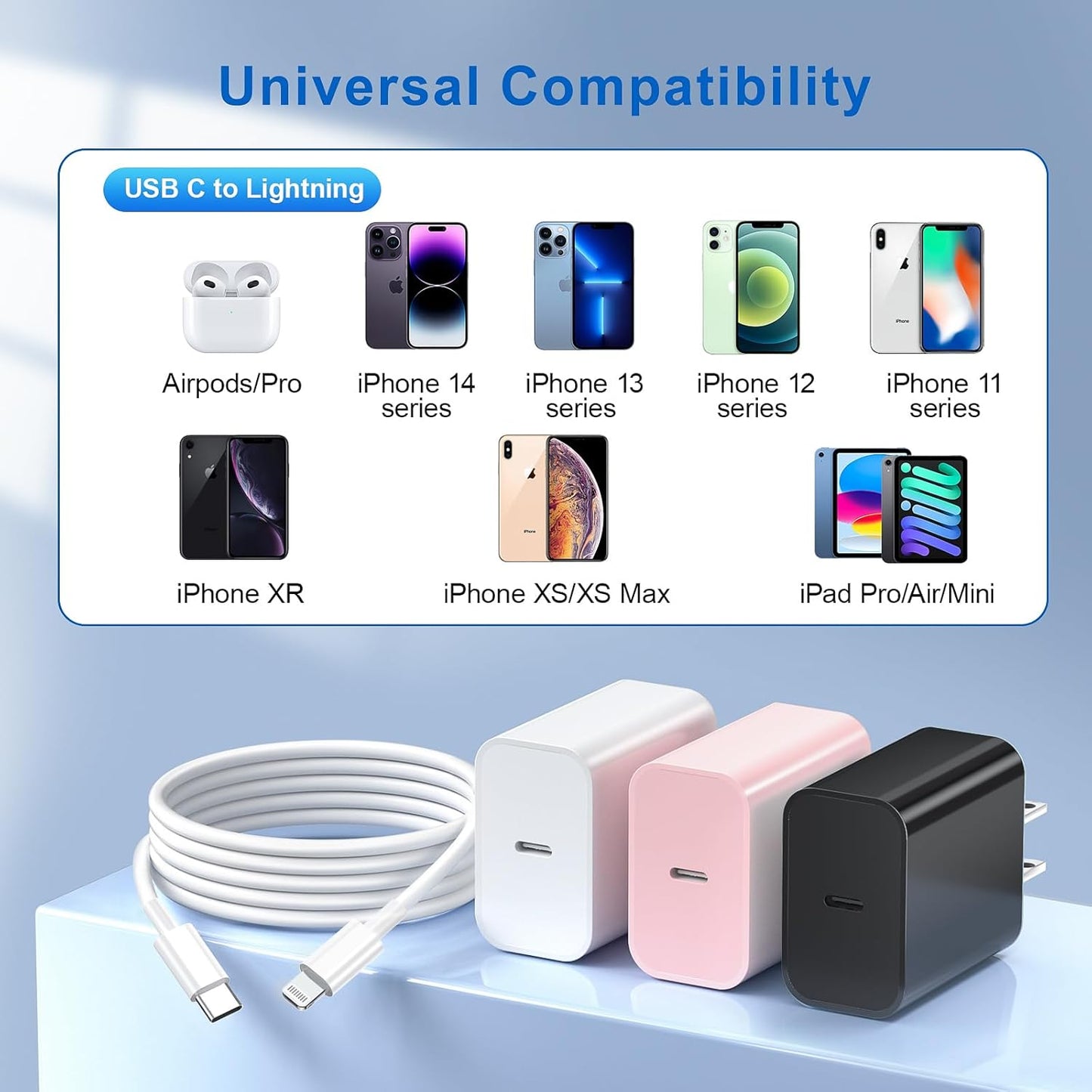 for iPhone 14 13 12 11 Fast Charger, [MFi Certified] 3 Pack 20W USB C Charger Block with 3FT&6FT&10FT USB C to ightning Fast Charging Cable Compatible with iPhone 14/13/12/11/Pro/Pro Max/Xs/Xr/X