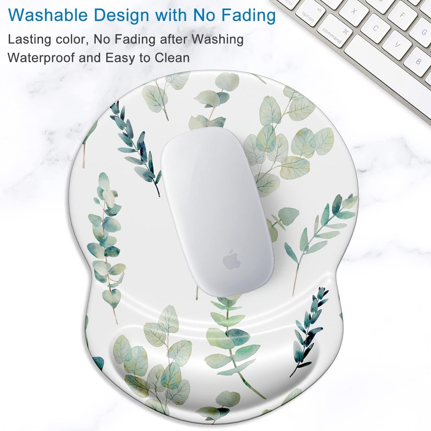 ITNRSIIET Ergonomic Mouse Pad with Gel Wrist Support Small Wrist Rest Smooth Surface Non-Slip PU Base Comfortable Office Supplies Pain Relief, 8.7 x 7.2 inches, Eucalyptus Branches