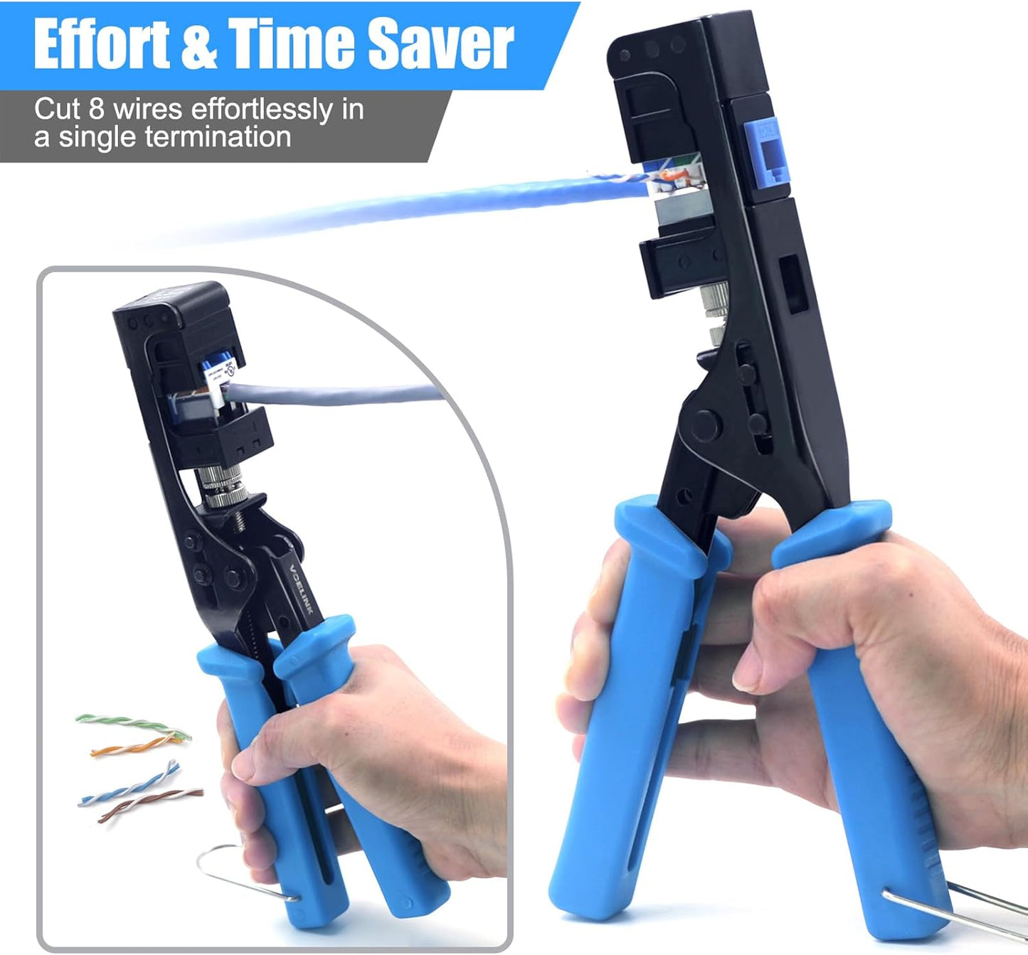 VCELINK Speed Termination Tool for VCE 90-Degree Keystone Jacks Punch Down Network Tool Kit with 20-Pack CAT6 Keystone Jacks UL-Listed Blue, 25-Pack RJ45 Connectors, 1-Pack Mini Wire Stripper