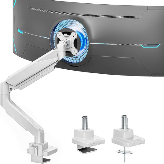 ARES WING Ultrawide Single Monitor Arm, Heavy Duty Monitor Mount for 13"-45" Curved Screens, Adjustable Stand for Desk with C-clamp & Grommet Base up to 40 LBS, White