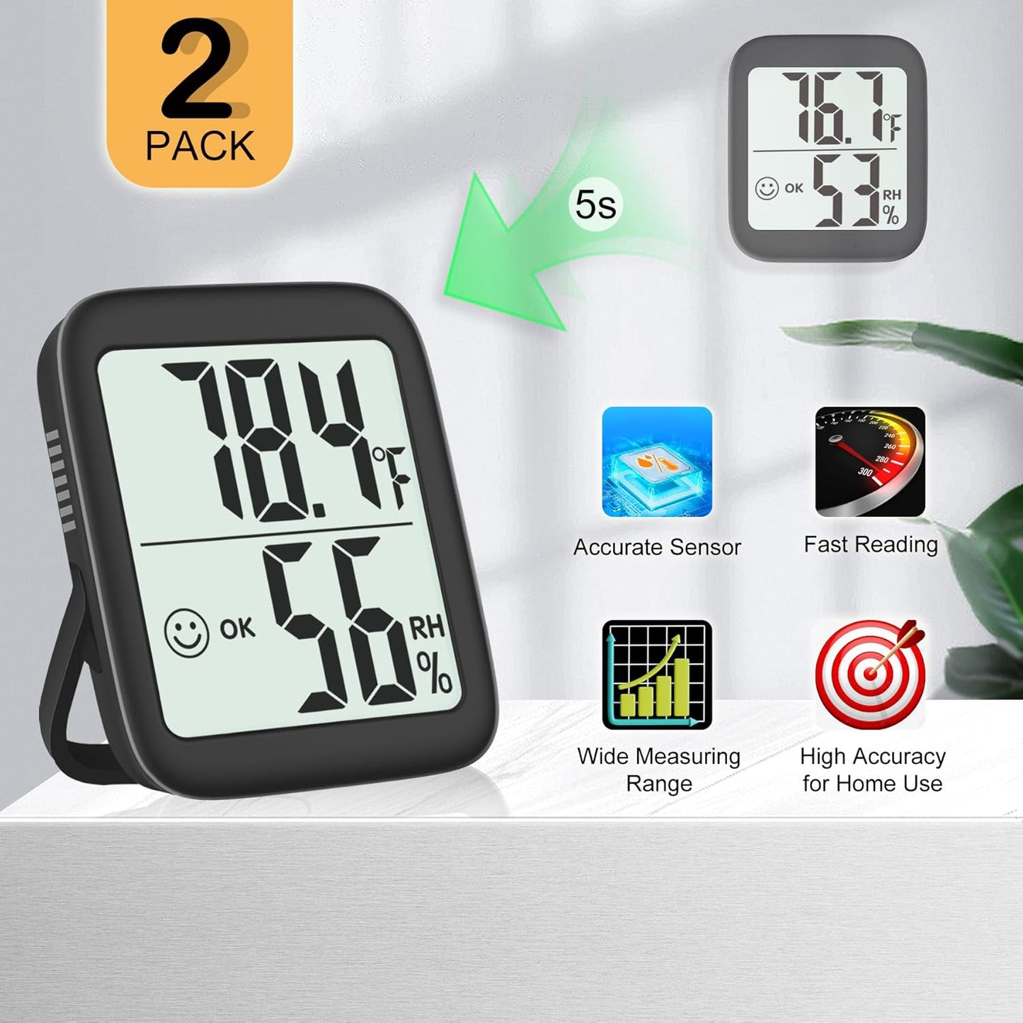 Antonki 2 Pack Room Thermometer for Home, Indoor Hygrometer Humidity Meter Gauge, Digital Temperature and Humidity Sensor Monitor for House, Terrarium, Incubator, Greenhouse - Battery Included