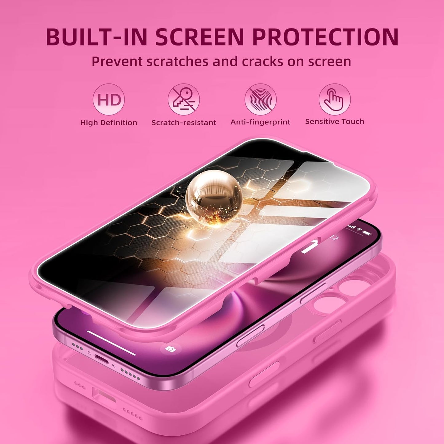 BERFY Magnetic for iPhone 16 Case, Compatible with MagSafe, Built-in Privacy Screen Protector and Upgraded Camera Protection, Anti-Spy Full Body Shockproof Phone Case for 16 6.1", Peony